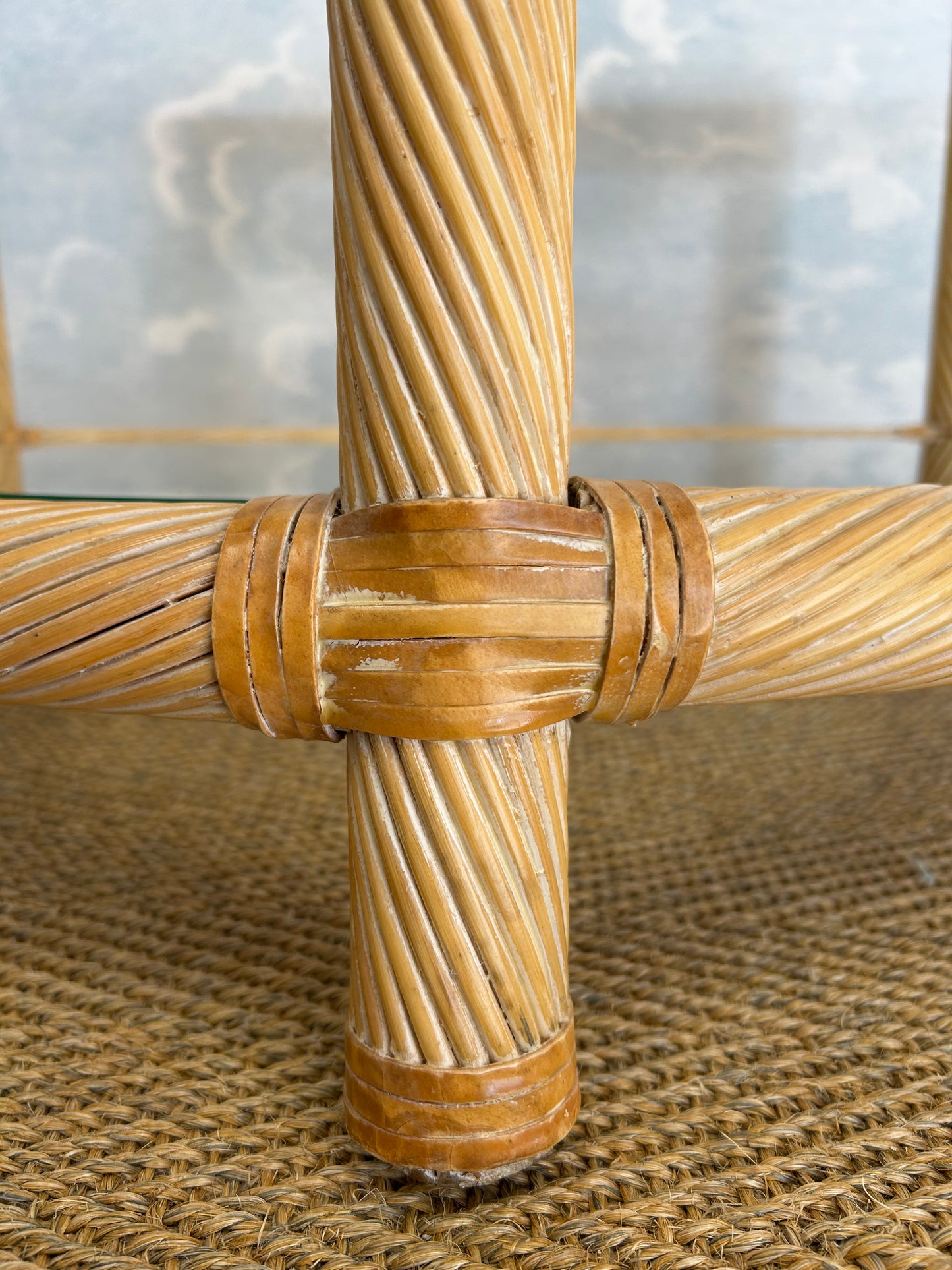 Two-Tiered Twisted Rattan Accent Table With Glass Shelves, 1970's