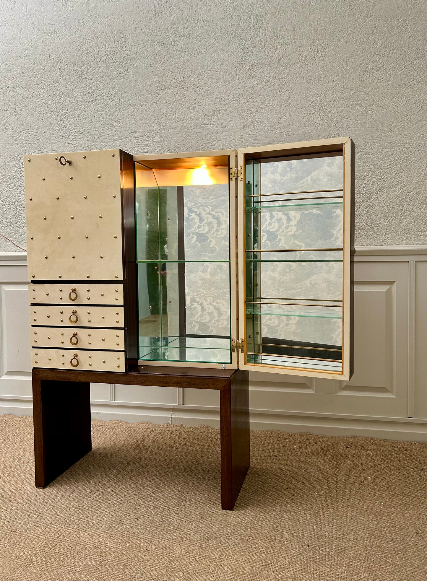 Illuminated Dry Bar Cabinet In Ivory White, by ALdo Tura, Italy. 1960's
