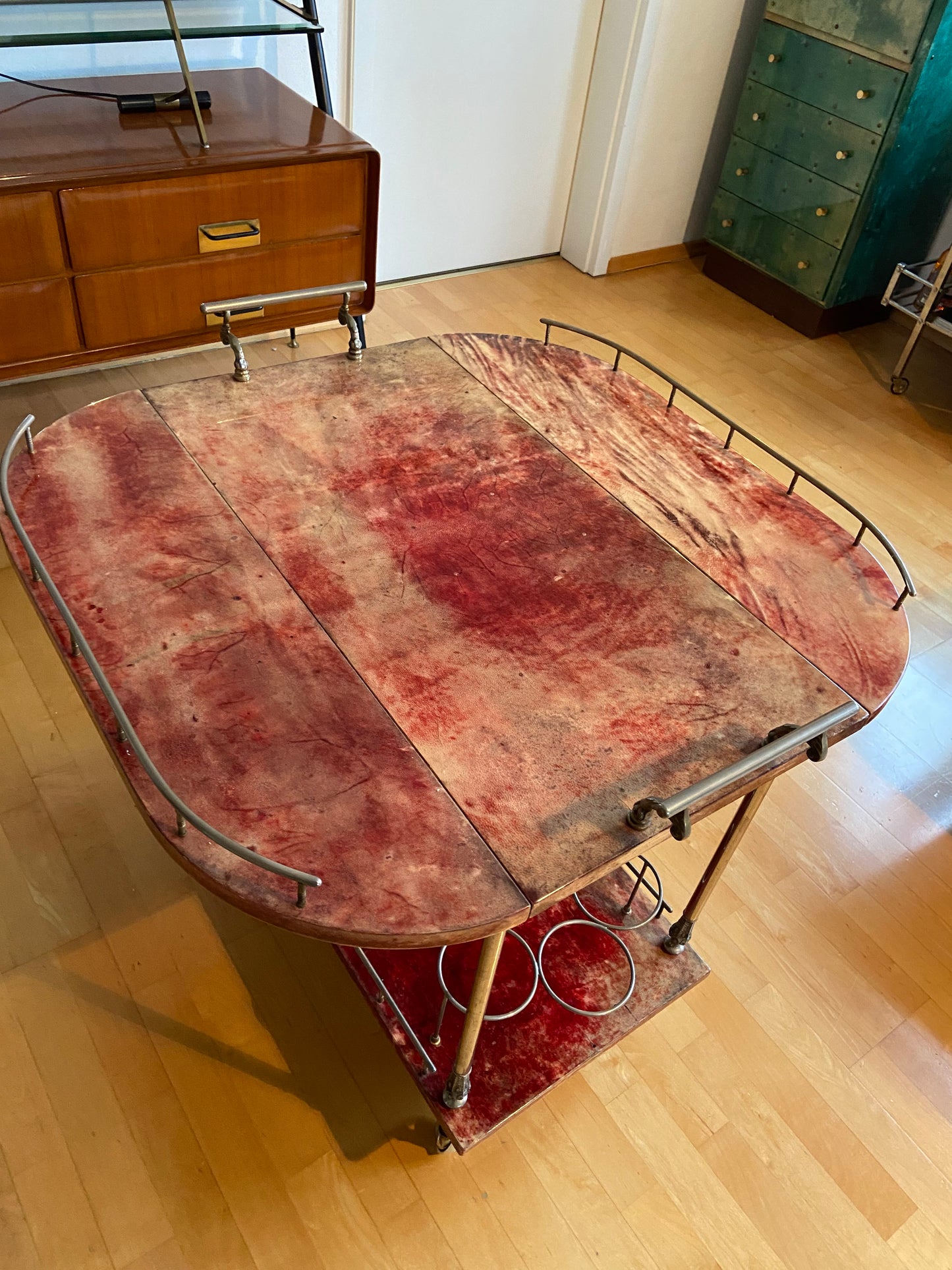 Red ALDO TURA Bar Cart with Foldable Sides, Italy, 1960s