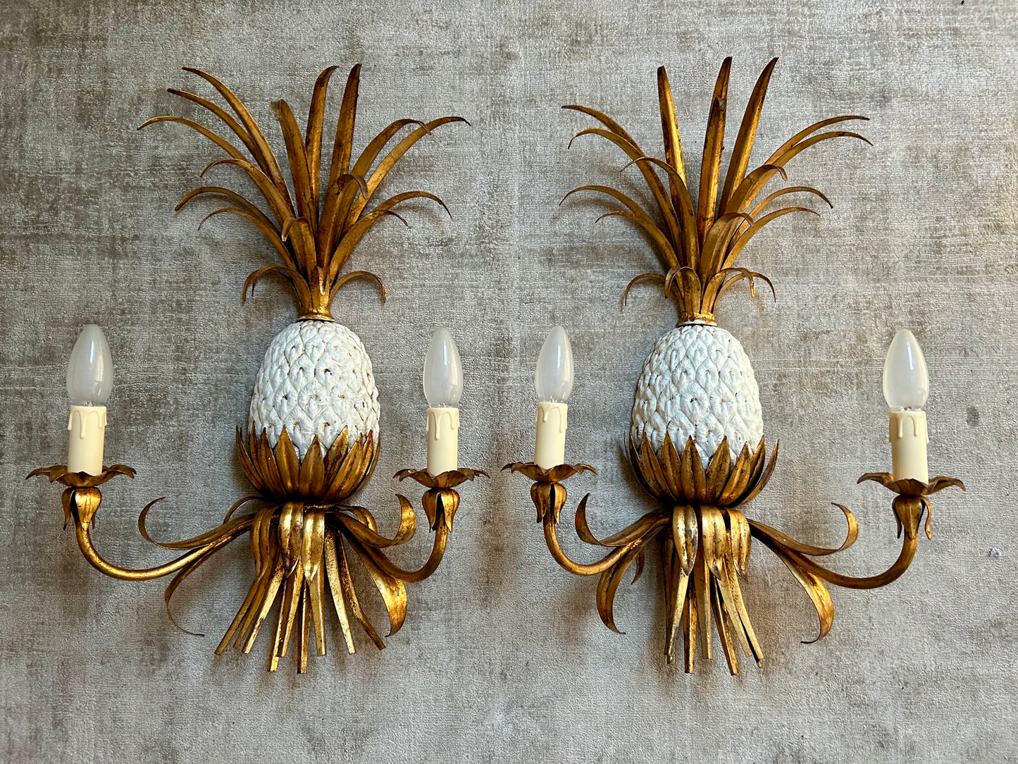 Pair of Pineapple Sconces, in the style of Maison Charles / Jansen, 1960s, Hollywood Regency
