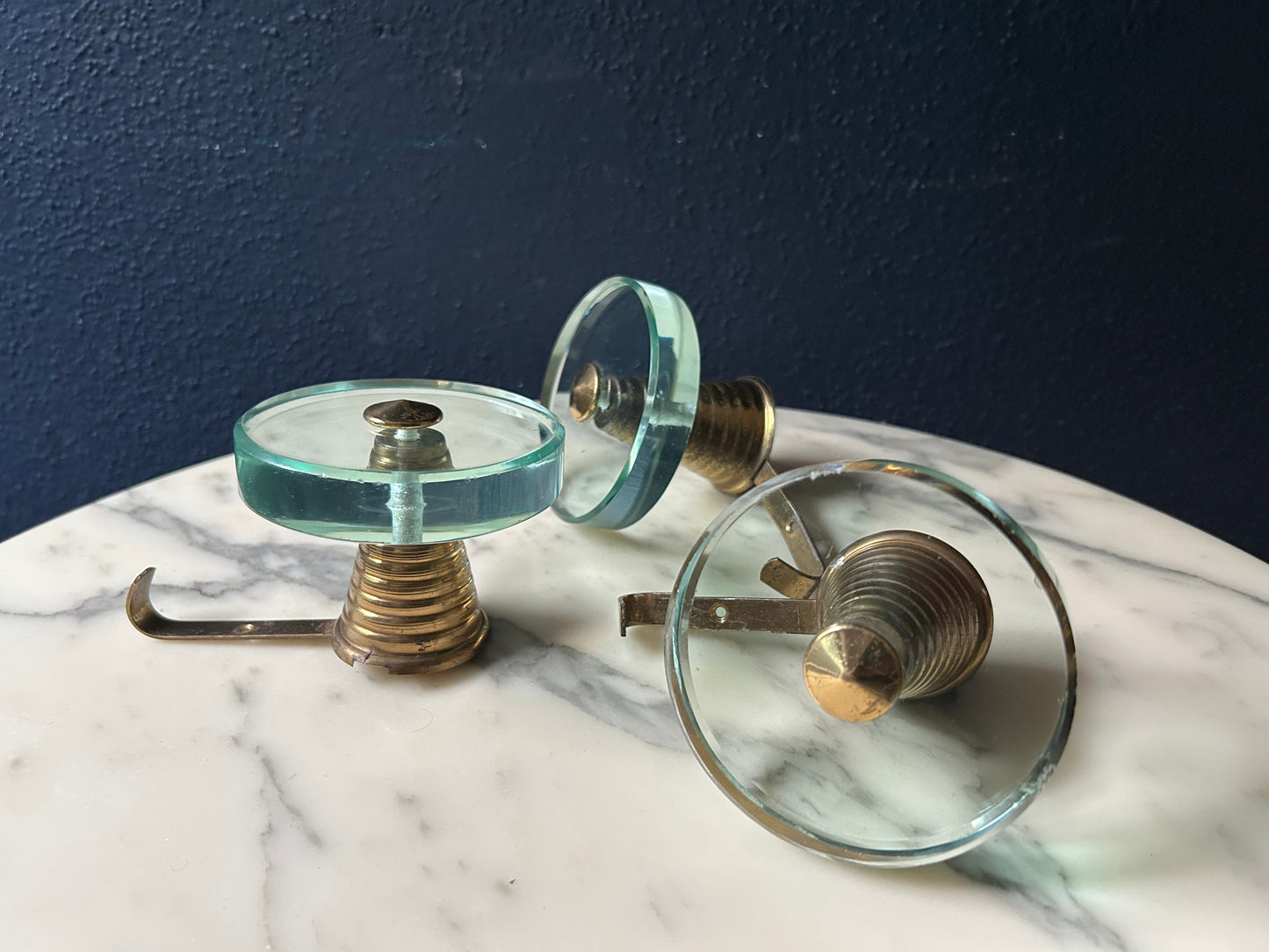 Set of 3 Fontana Arte Coat Hooks (Round) 1950s, Mid-Century Brass & Crystal