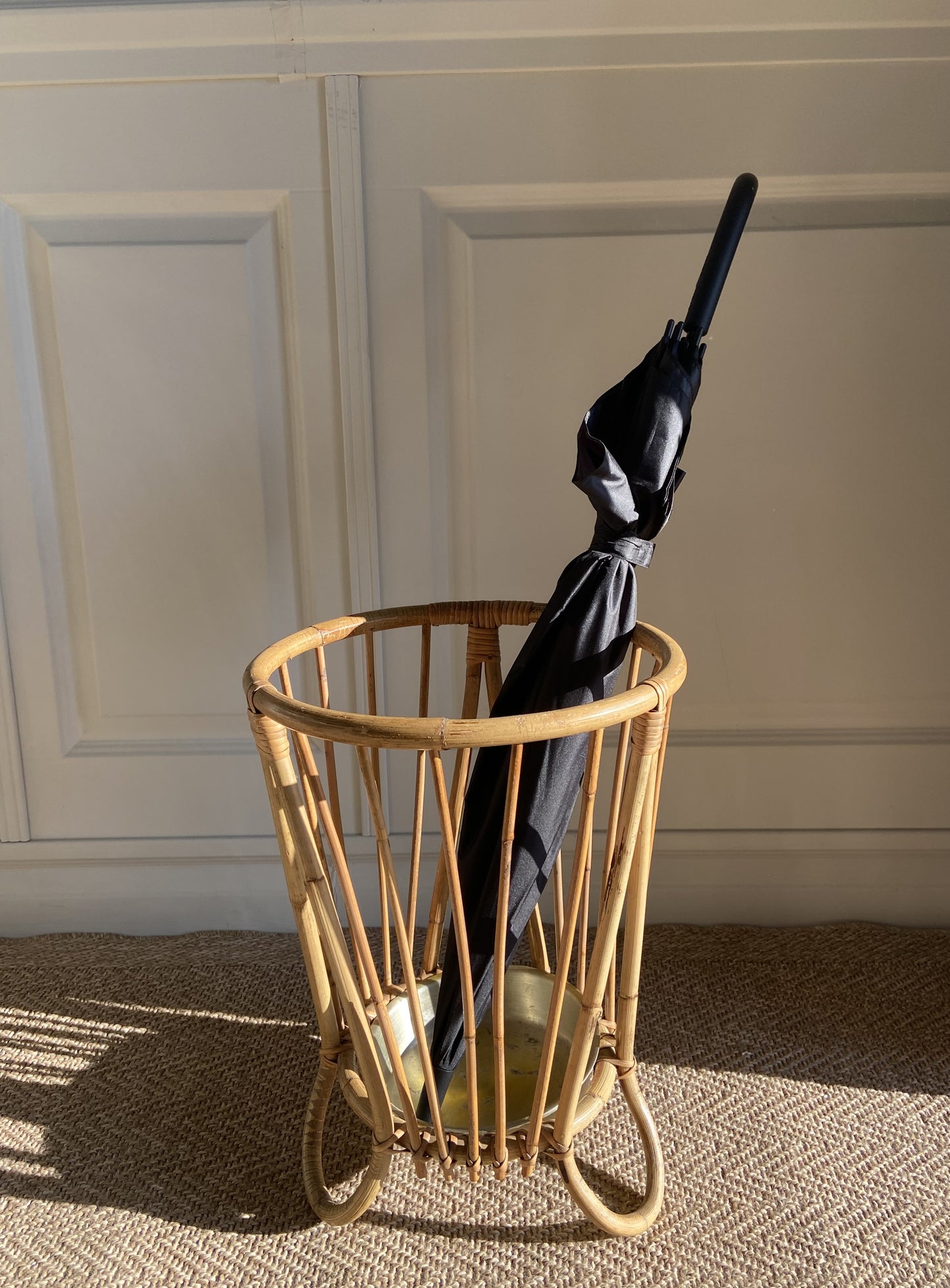 Bamboo and Rattan Umbrella Stand with Metal Drip Tray in the Style of Franco Albini, Italy, 1960s
