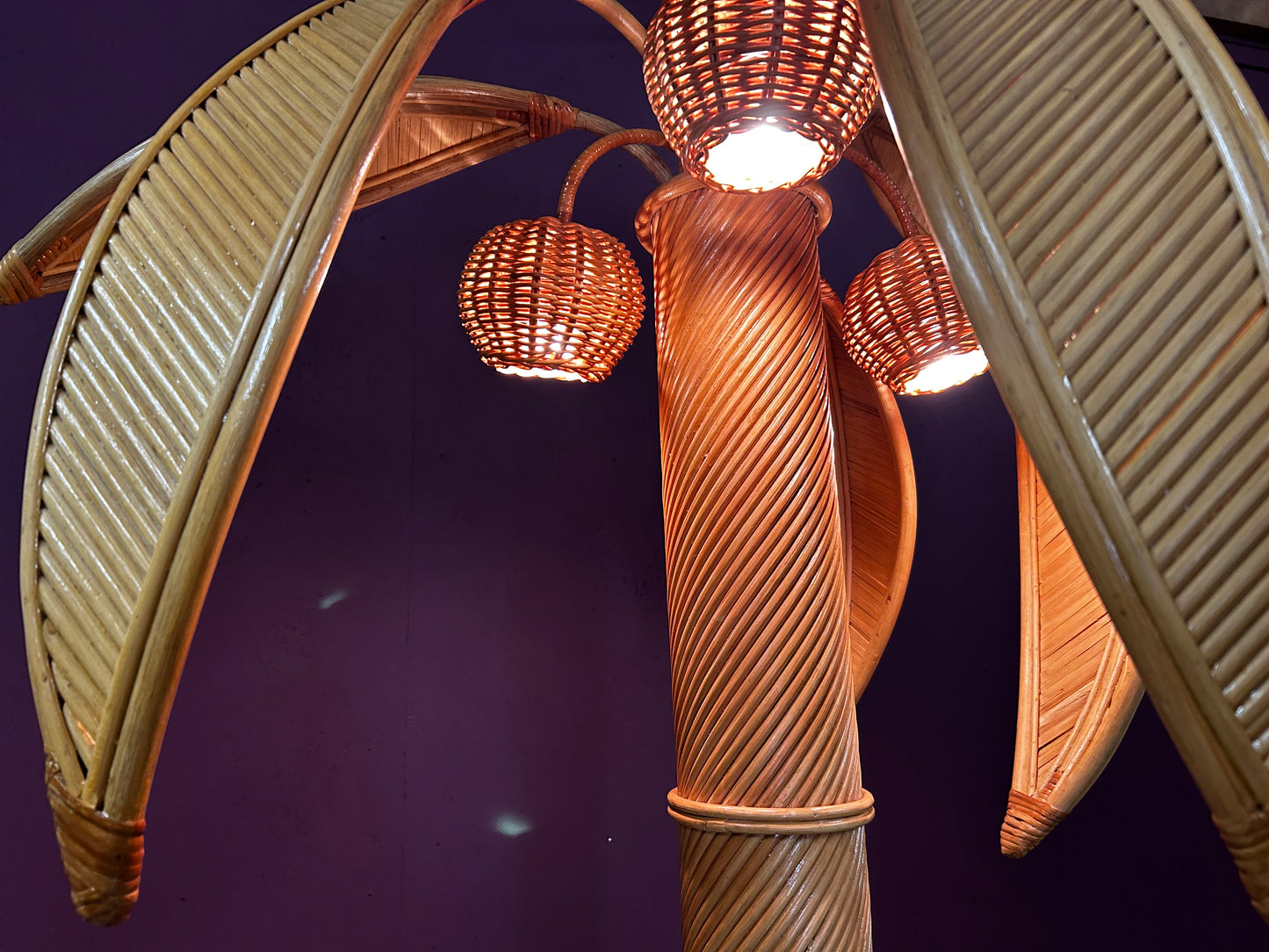 Very Large Bamboo and Rattan Palm Tree Floor Lamp, Mid-Century Modern