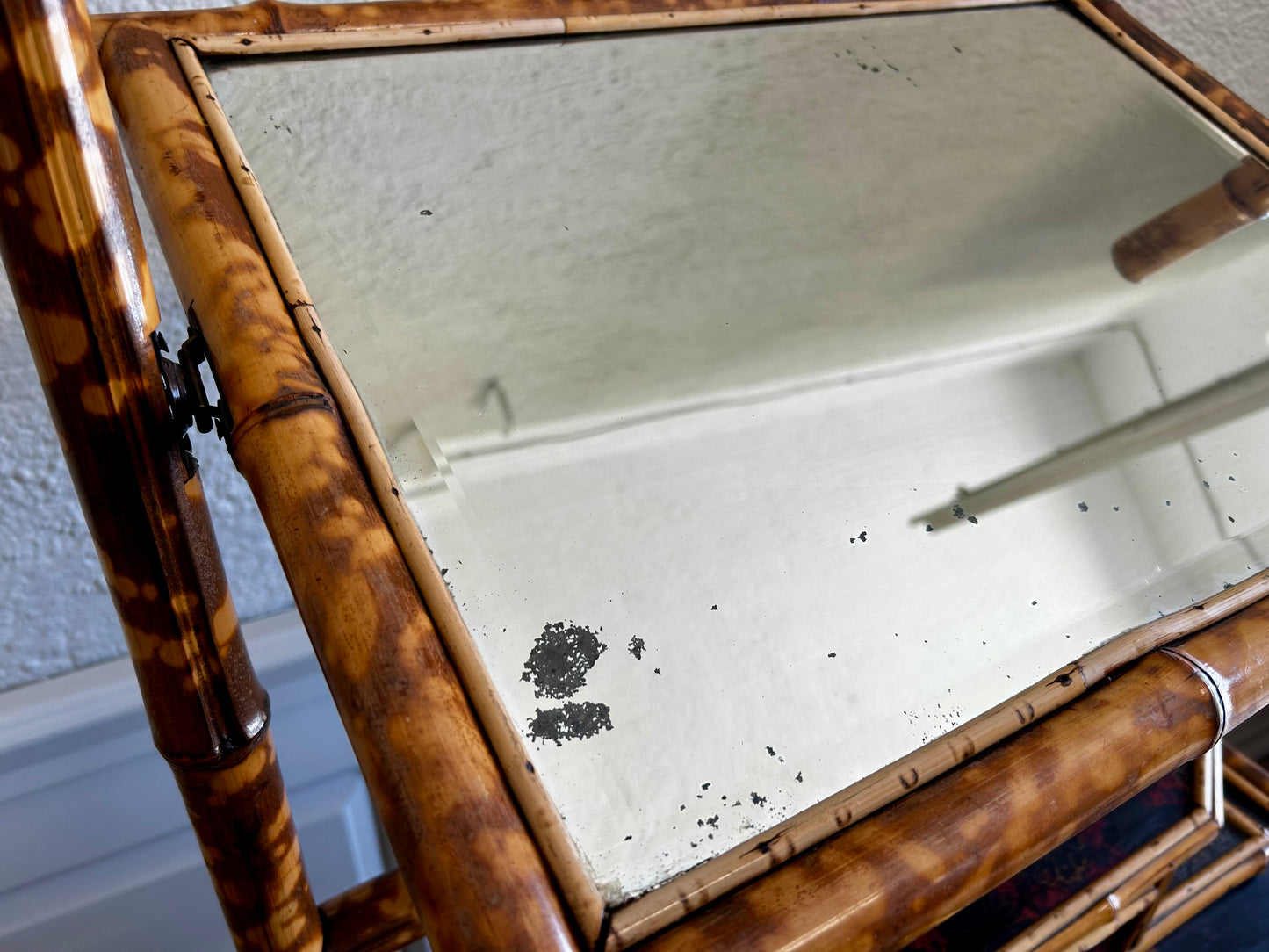 Victorian Tiger Bamboo, Cane & Chinoiserie Dressing Table With Drawers, England 1880's, Aesthetic Movement