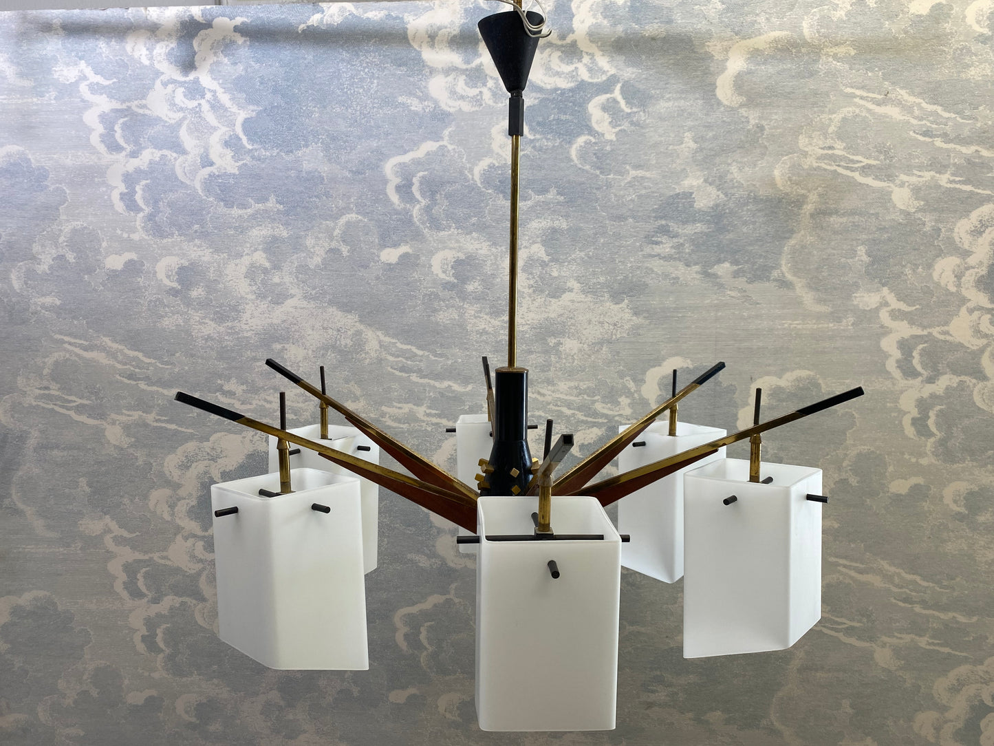 6-Armed Chandelier with Frosted Glass Shades, Stilux, Italy, 1960s