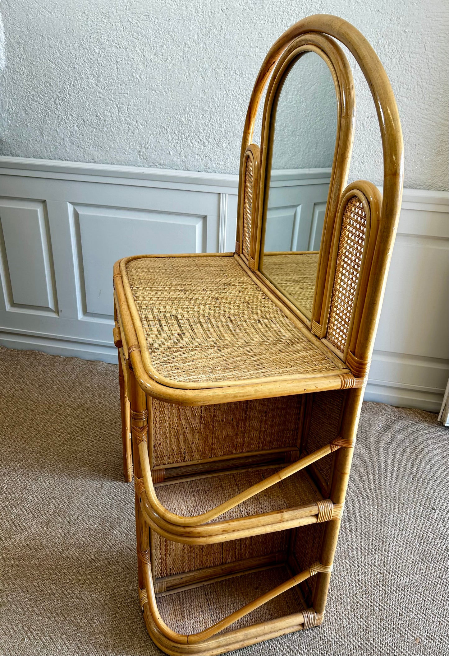 Bamboo and Rattan Vanity / Dressing Table with Drawer and Mirror, 1970's Mid-century Modern