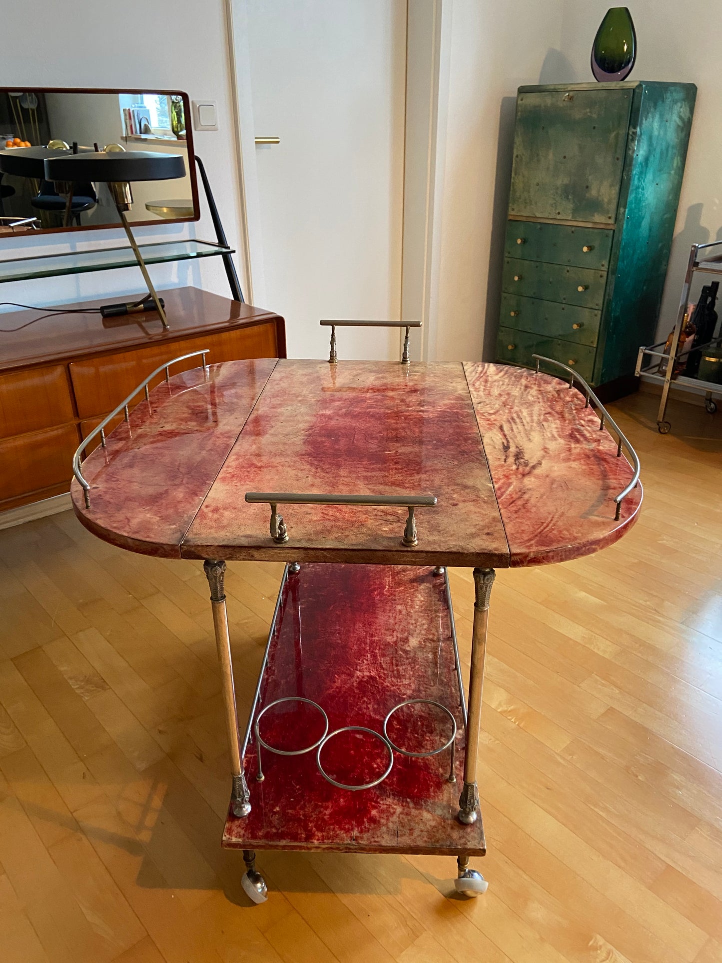 Red ALDO TURA Bar Cart with Foldable Sides, Italy, 1960s