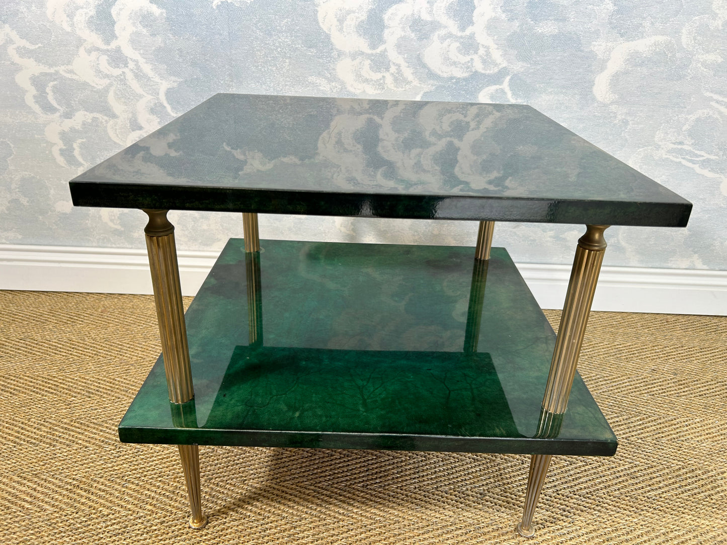 Pair of Green Aldo Tura Side Tables with Brass Columns, Italy 1960's