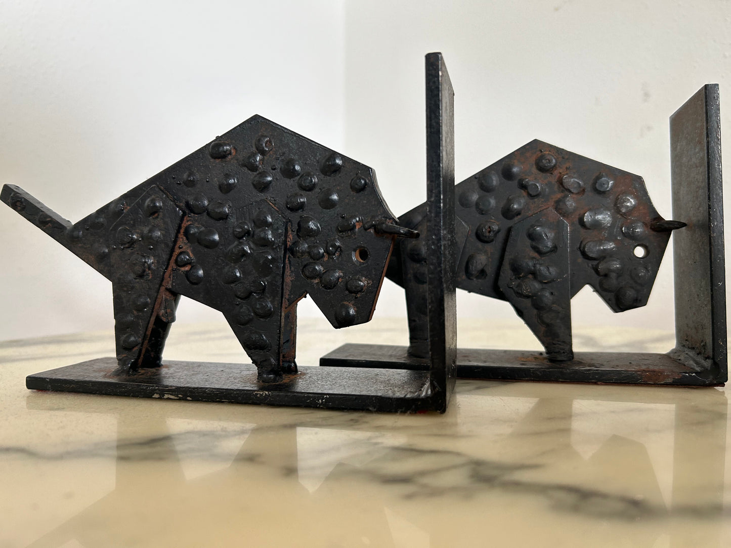 Pair of Brutalist Buffalo / Bison Bookends, Black Metal, Mid-Century