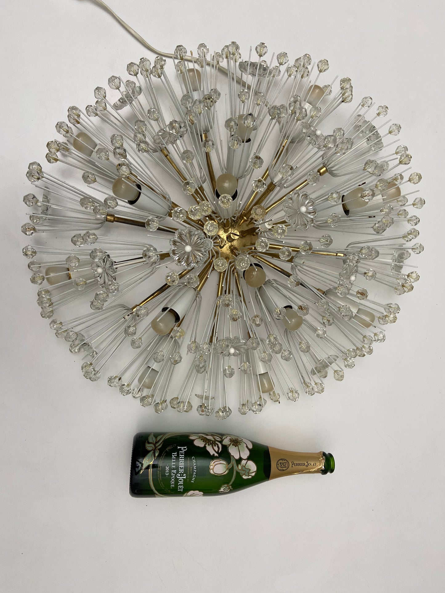 XL Stejnar Flush Mount Dandelion / Snowball Ceiling or Wall Light with Cut-Glass Crystals, Austria 1960s