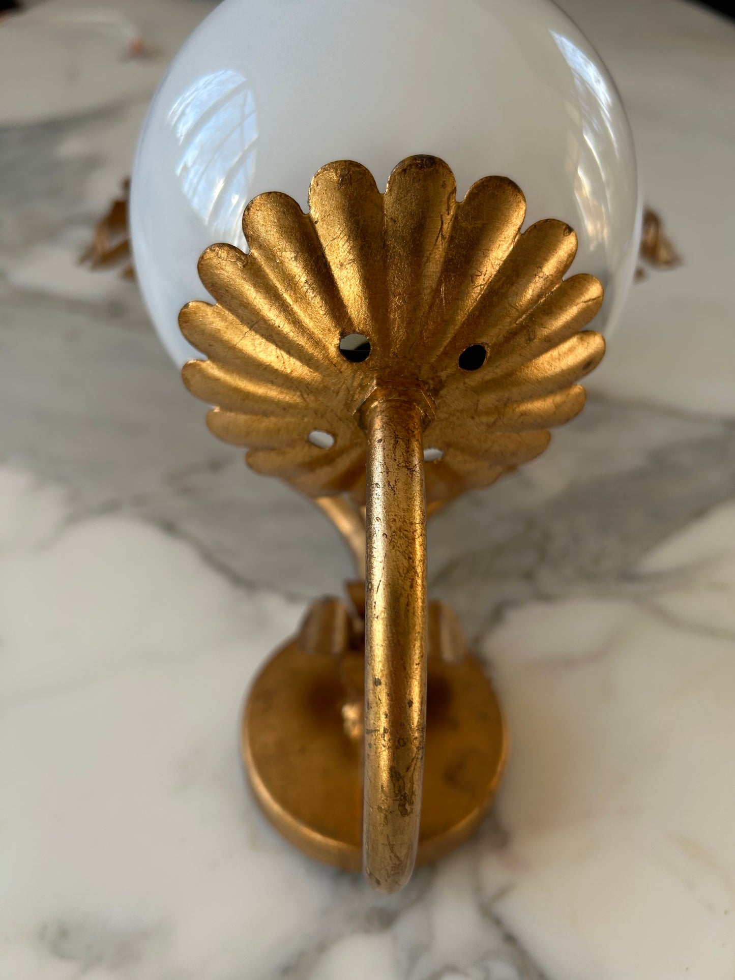 Pair of Hollywood Regency Palm Leaf Sconces with Opaque Globes by Hans Kögl, Germany, 1970s