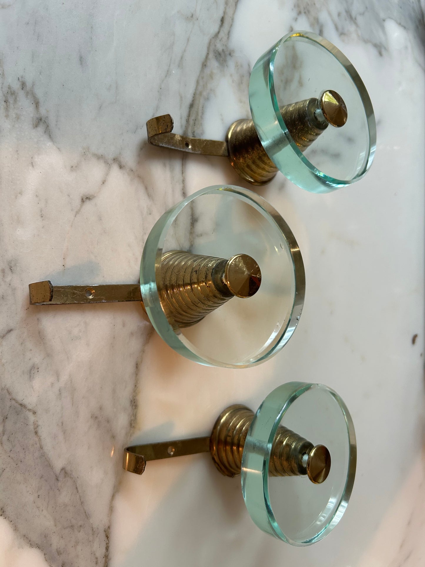 Set of 3 Fontana Arte Coat Hooks (Round) 1950s, Mid-Century Brass & Crystal