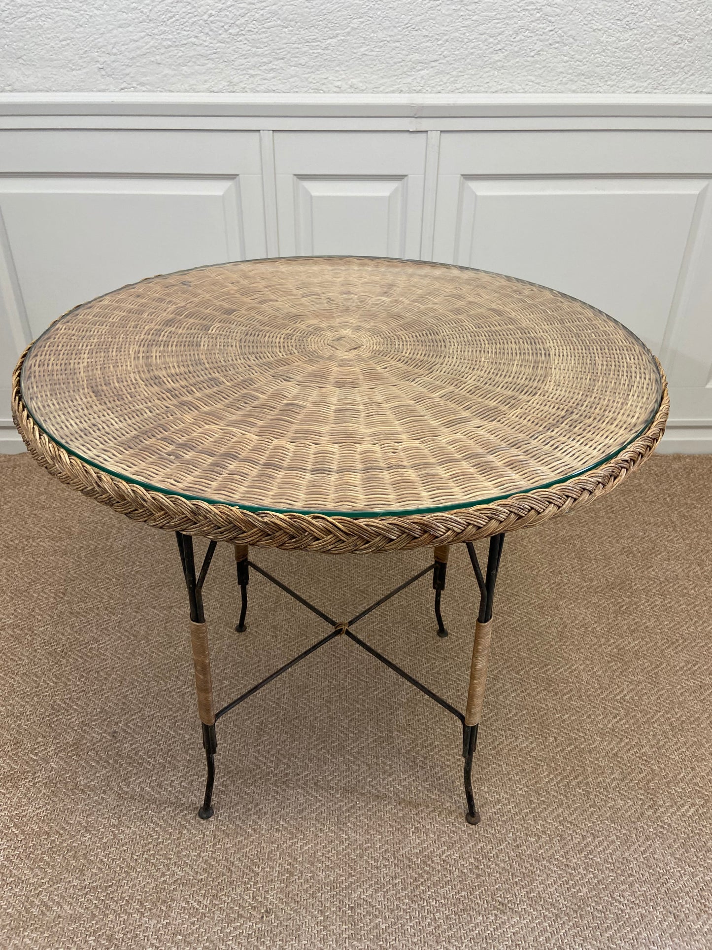 Art Deco Wicker Table with Glass Top, Germany, ca. 1920
