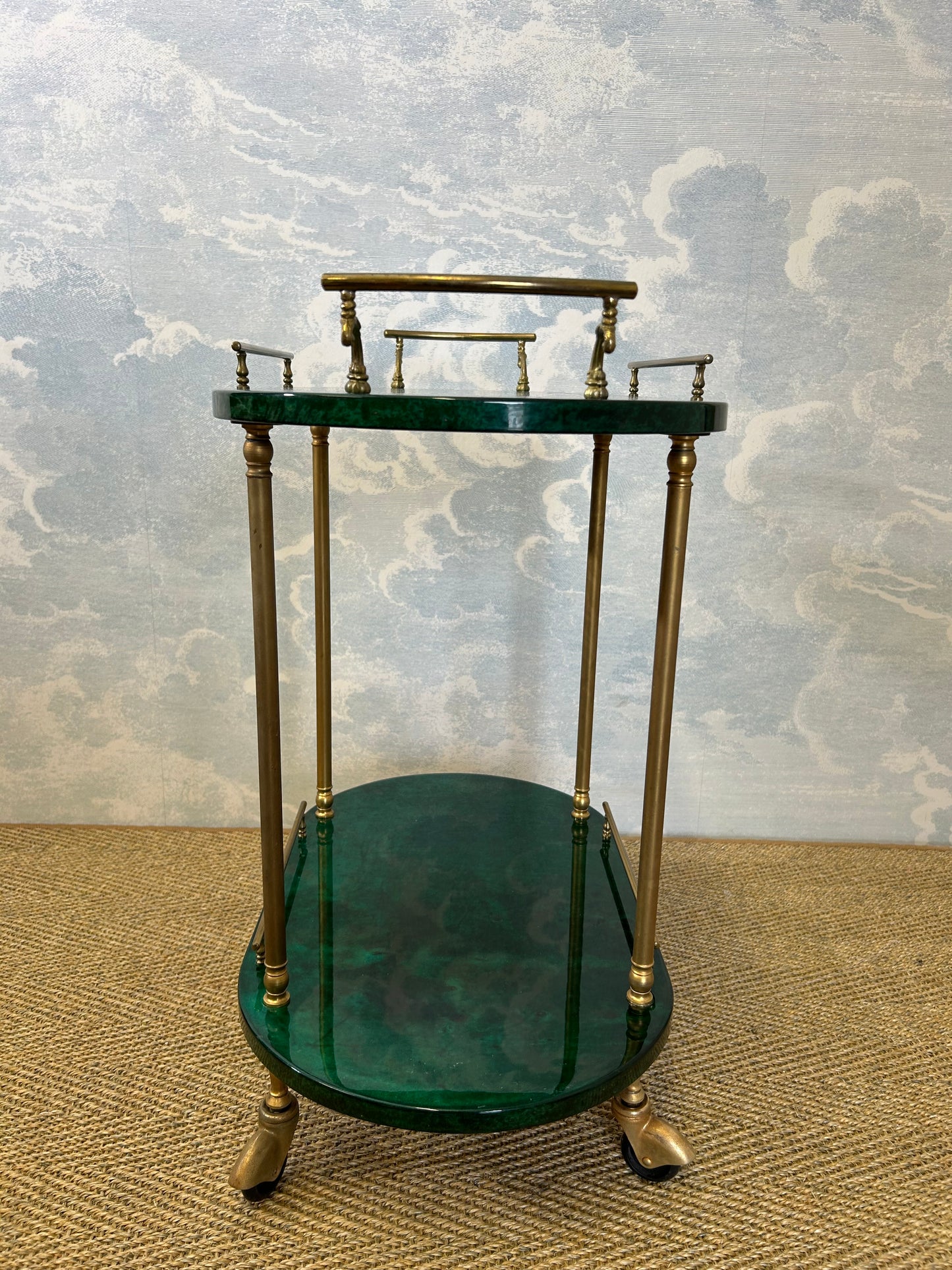 Petit Aldo Tura Bar Cart / Tea Trolley in Dark Green, Italy, 1960s, Hollywood Regency