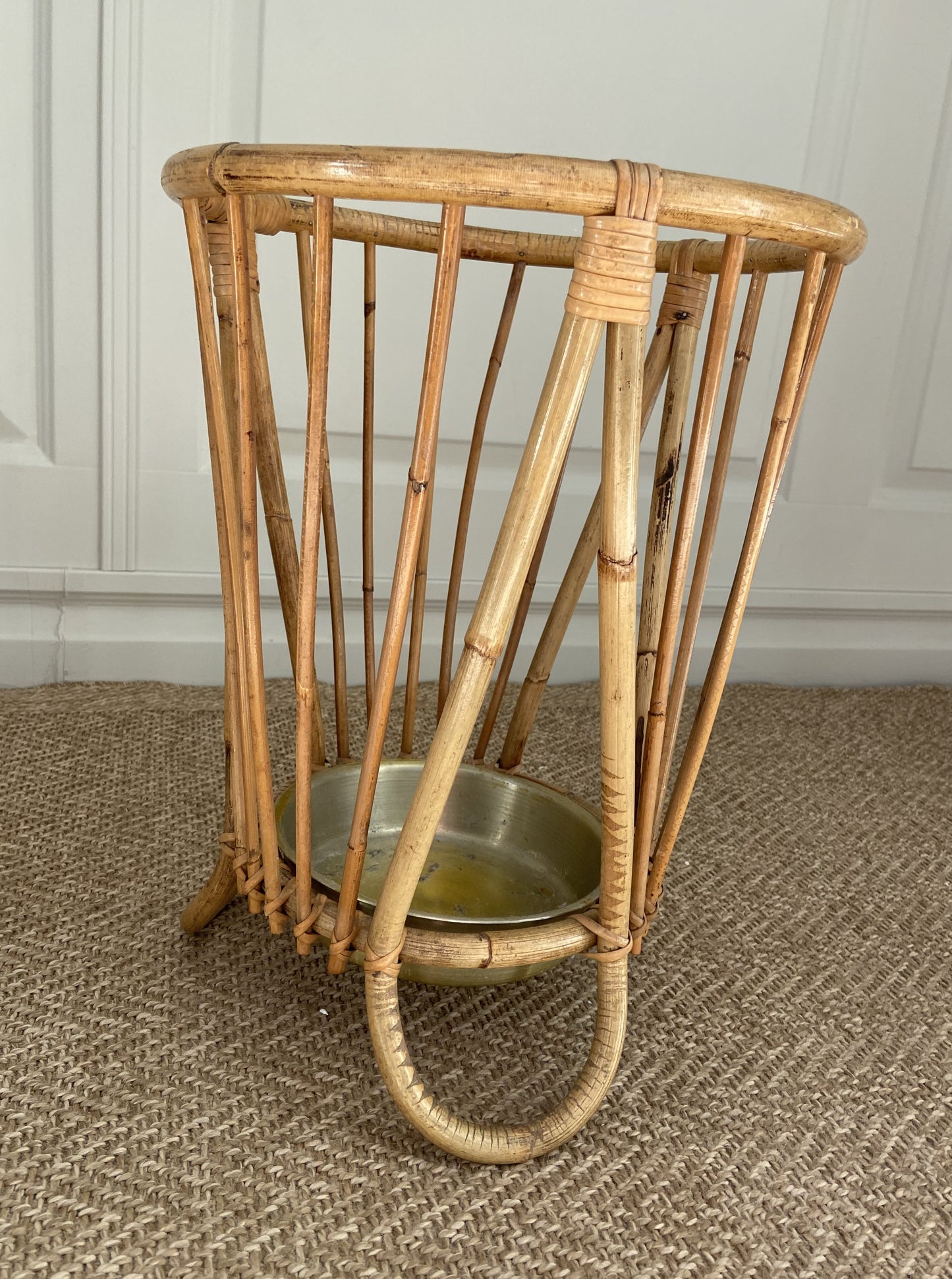 Bamboo and Rattan Umbrella Stand with Metal Drip Tray in the Style of Franco Albini, Italy, 1960s