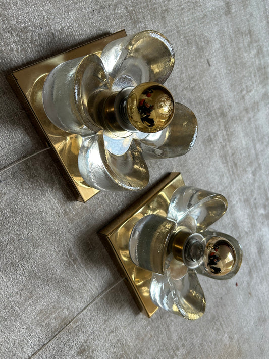 Pair of Crystal-Glass and Brass Sconces by SiSCHE, Hollywood Regency, Mid-Century Modern