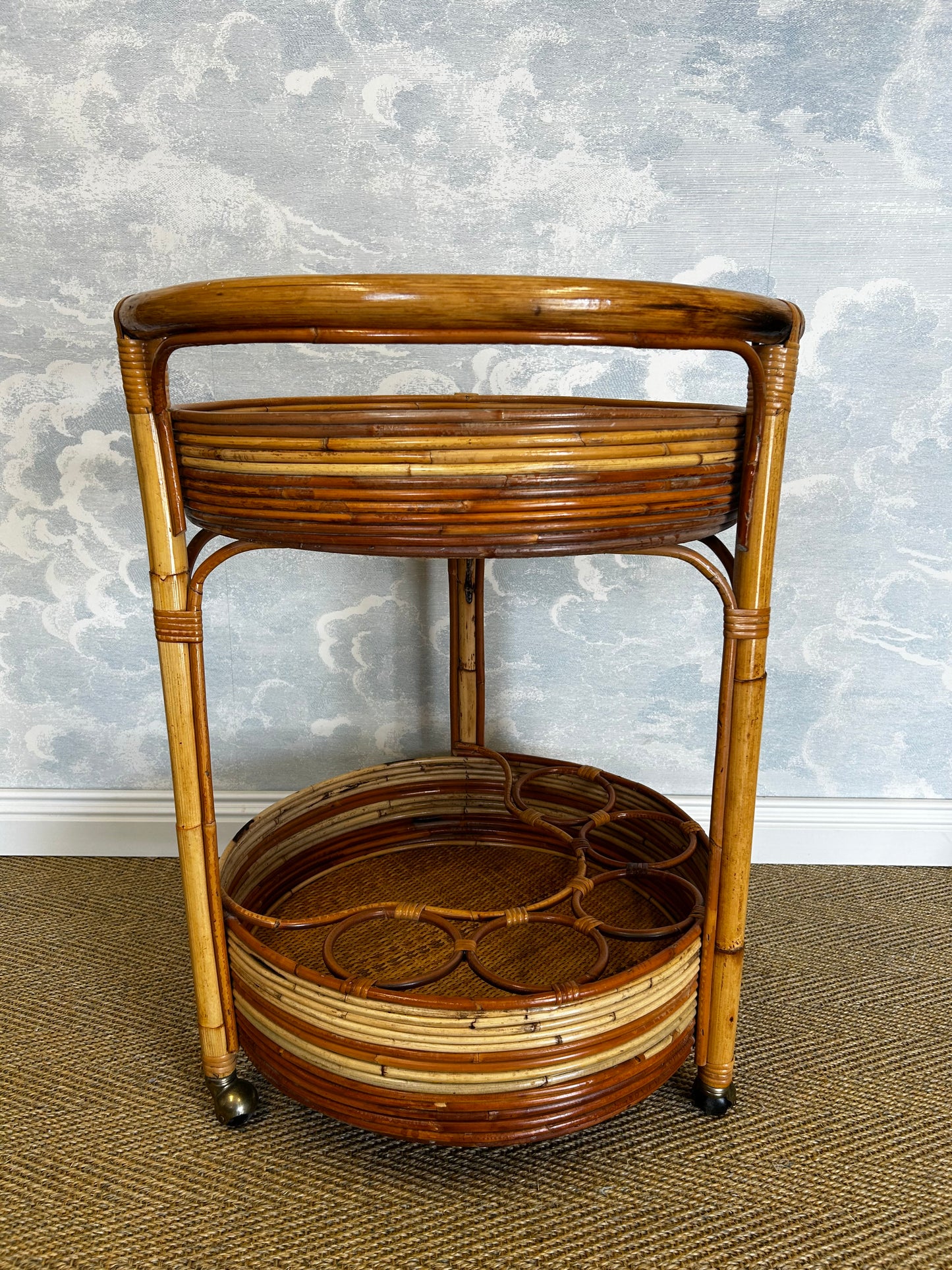 2-Tiered Round Bamboo Bar Cart in the Style of Vivai del Sud, Italy, 1960's