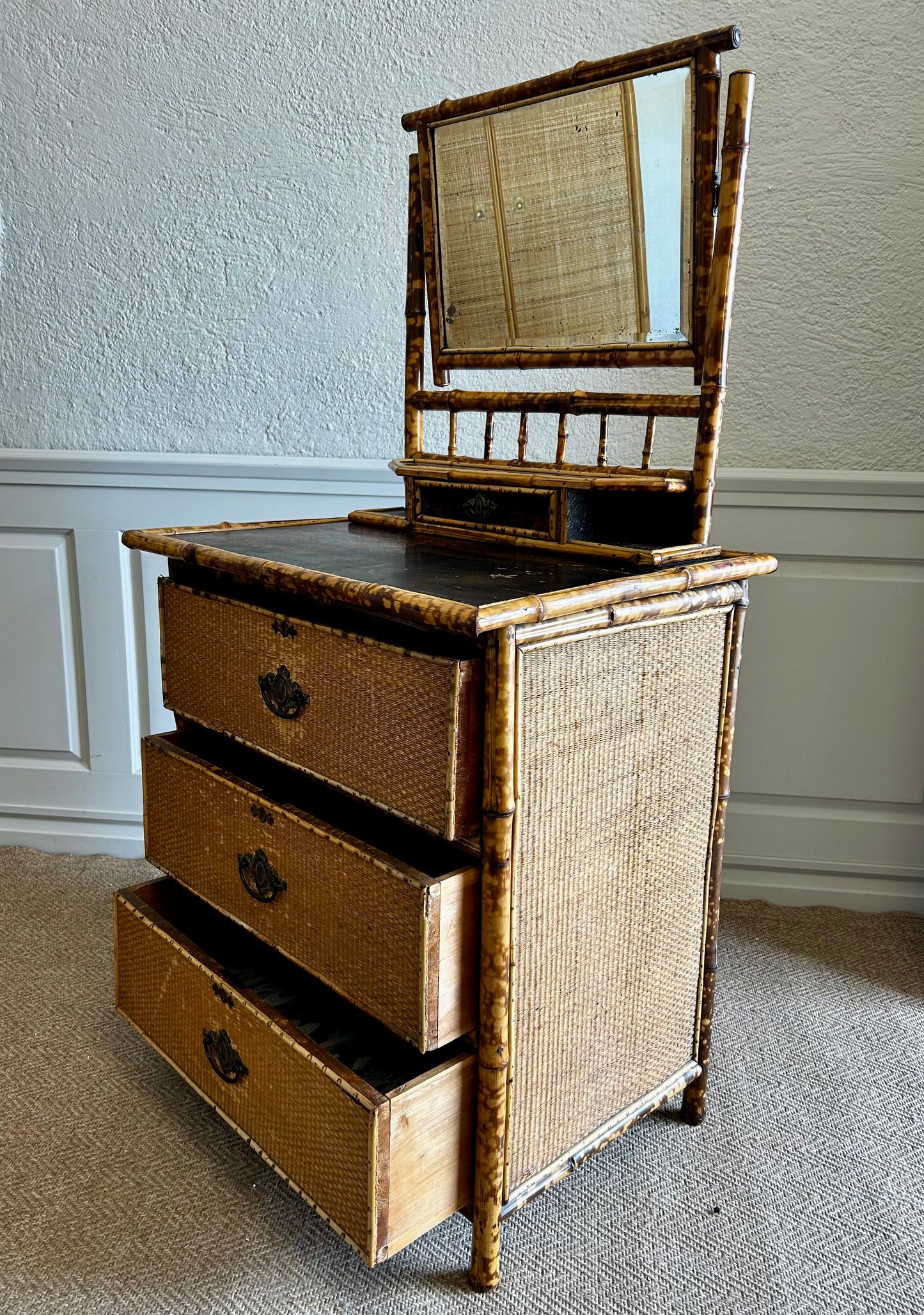 Victorian Tiger Bamboo, Cane & Chinoiserie Dressing Table With Drawers, England 1880's, Aesthetic Movement