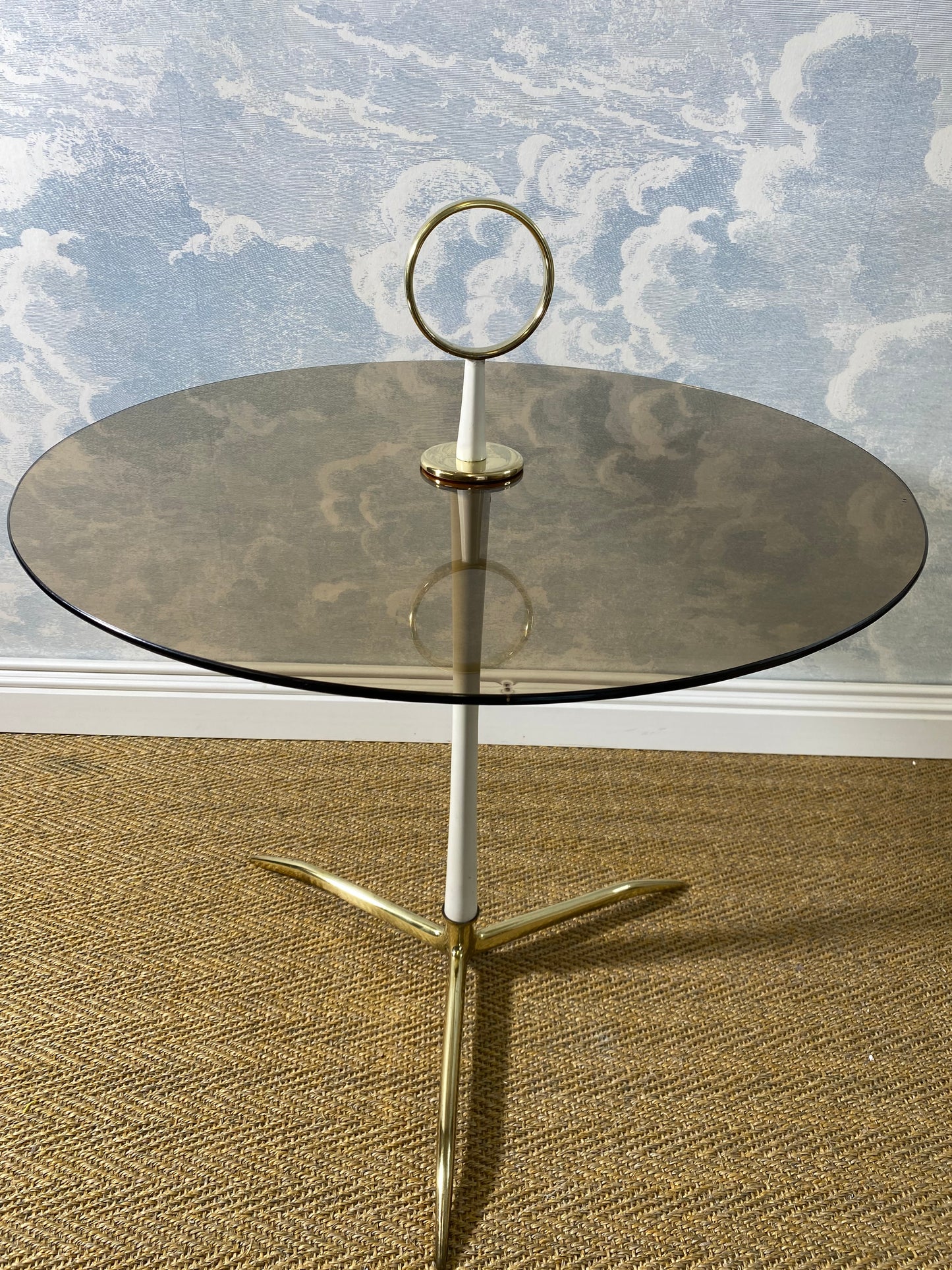 Smoked Glass Coffee Table with Brass Tripod Base by Vereinigte Werkstätten Munich, Germany, 1960s