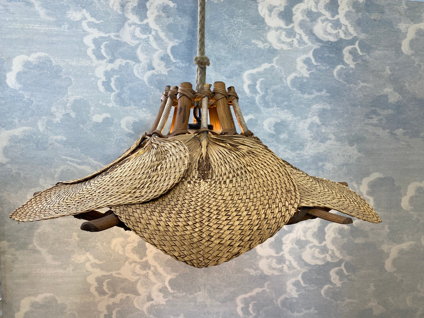 Woven Raffia Fan Pendant Lamp with Glass Shade, Germany, 1950s - possibly Ingo Maurer!