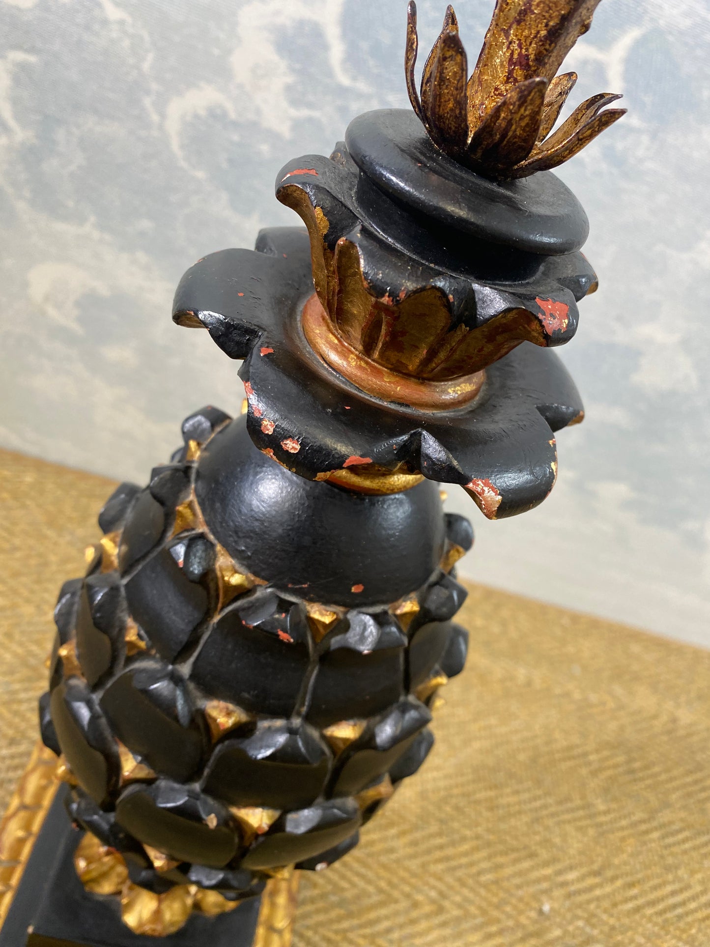 Large Carved Wood Pineapple Table Lamp in Black and Gold, France, early 20th Century