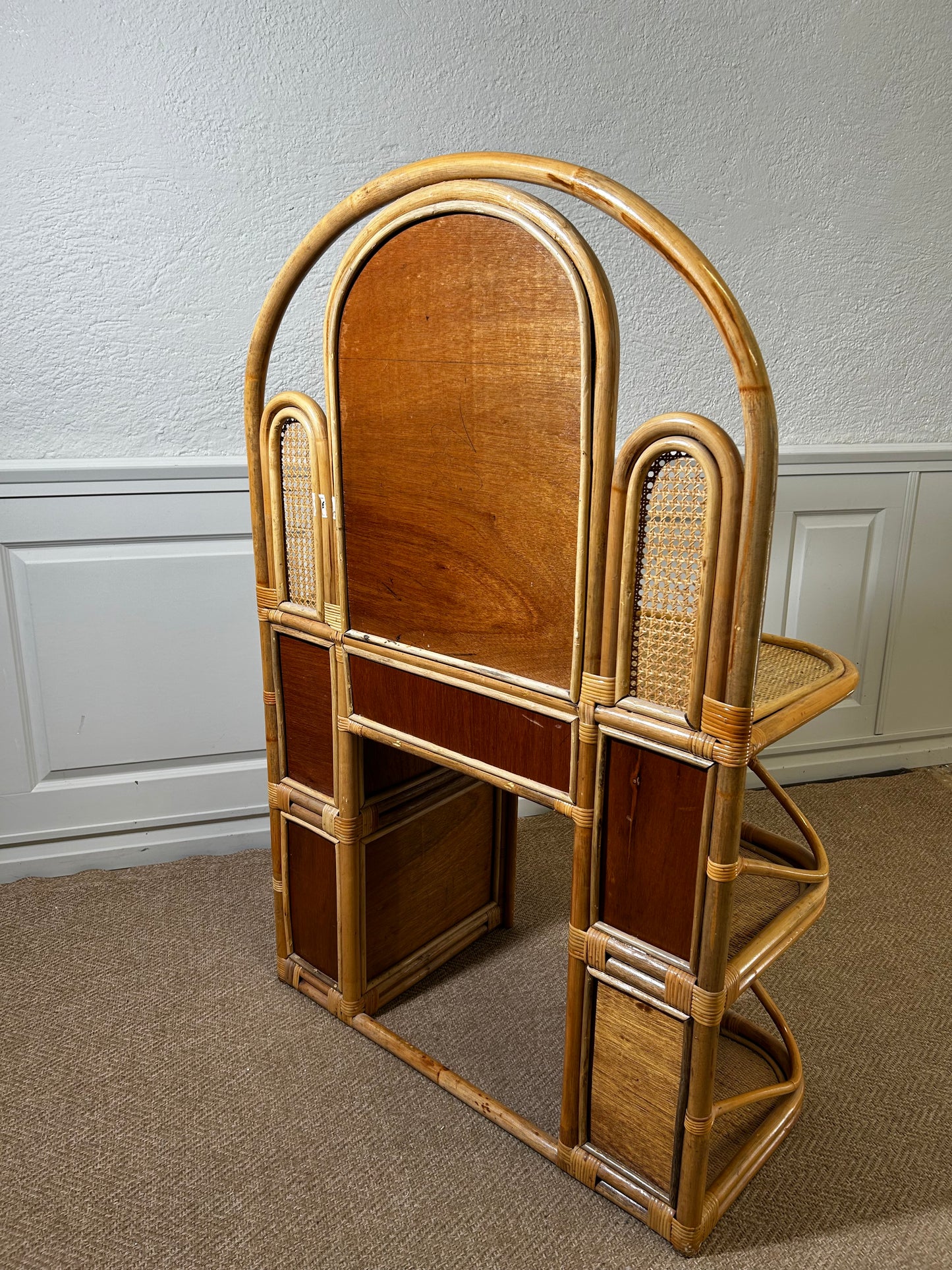 Bamboo and Rattan Vanity / Dressing Table with Drawer and Mirror, 1970's Mid-century Modern
