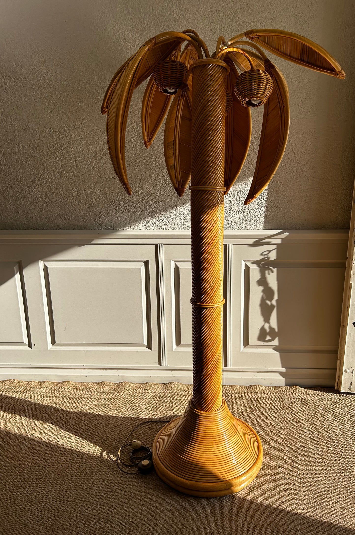 Very Large Bamboo and Rattan Palm Tree Floor Lamp, Mid-Century Modern