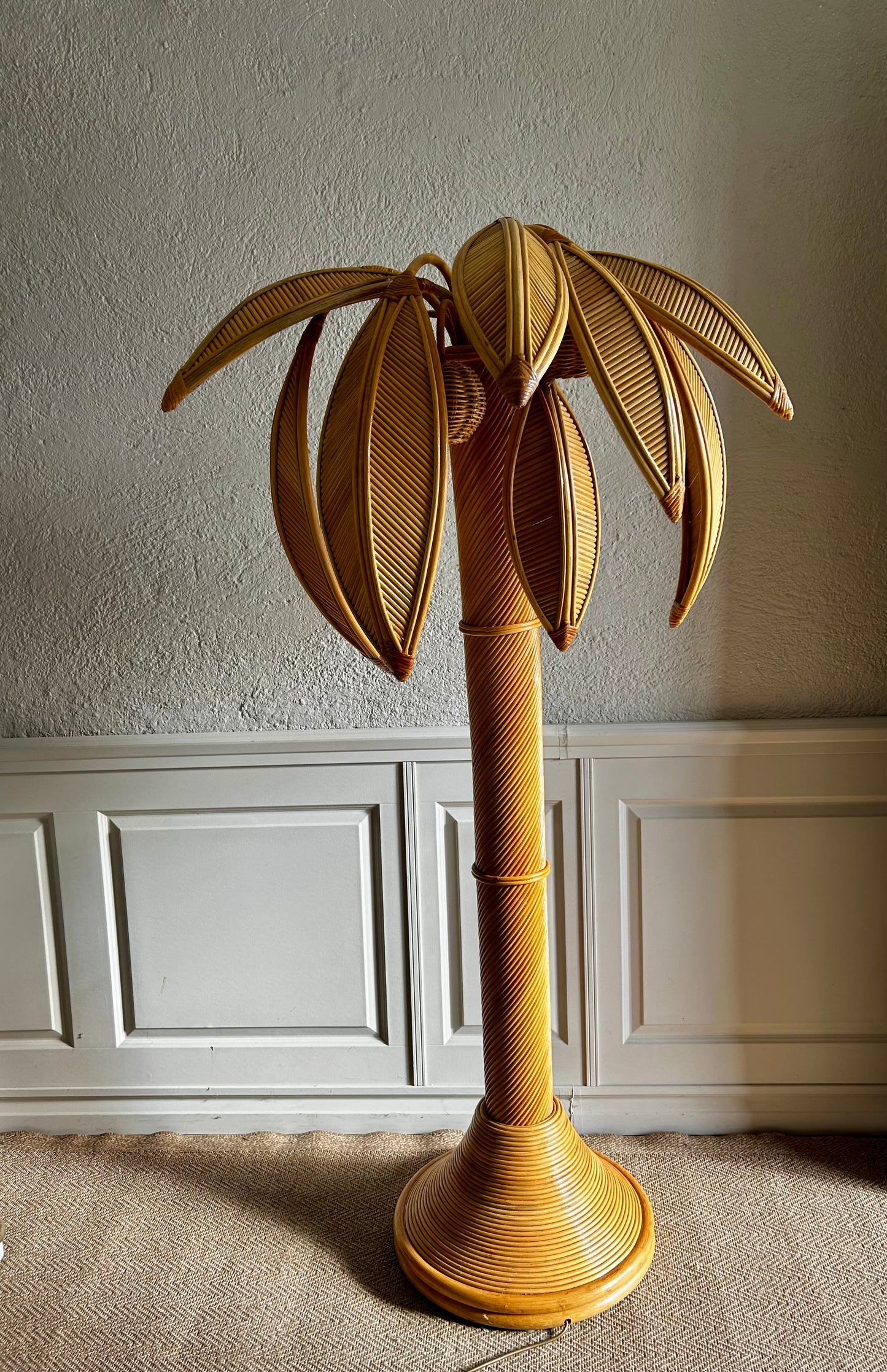 Very Large Bamboo and Rattan Palm Tree Floor Lamp, Mid-Century Modern