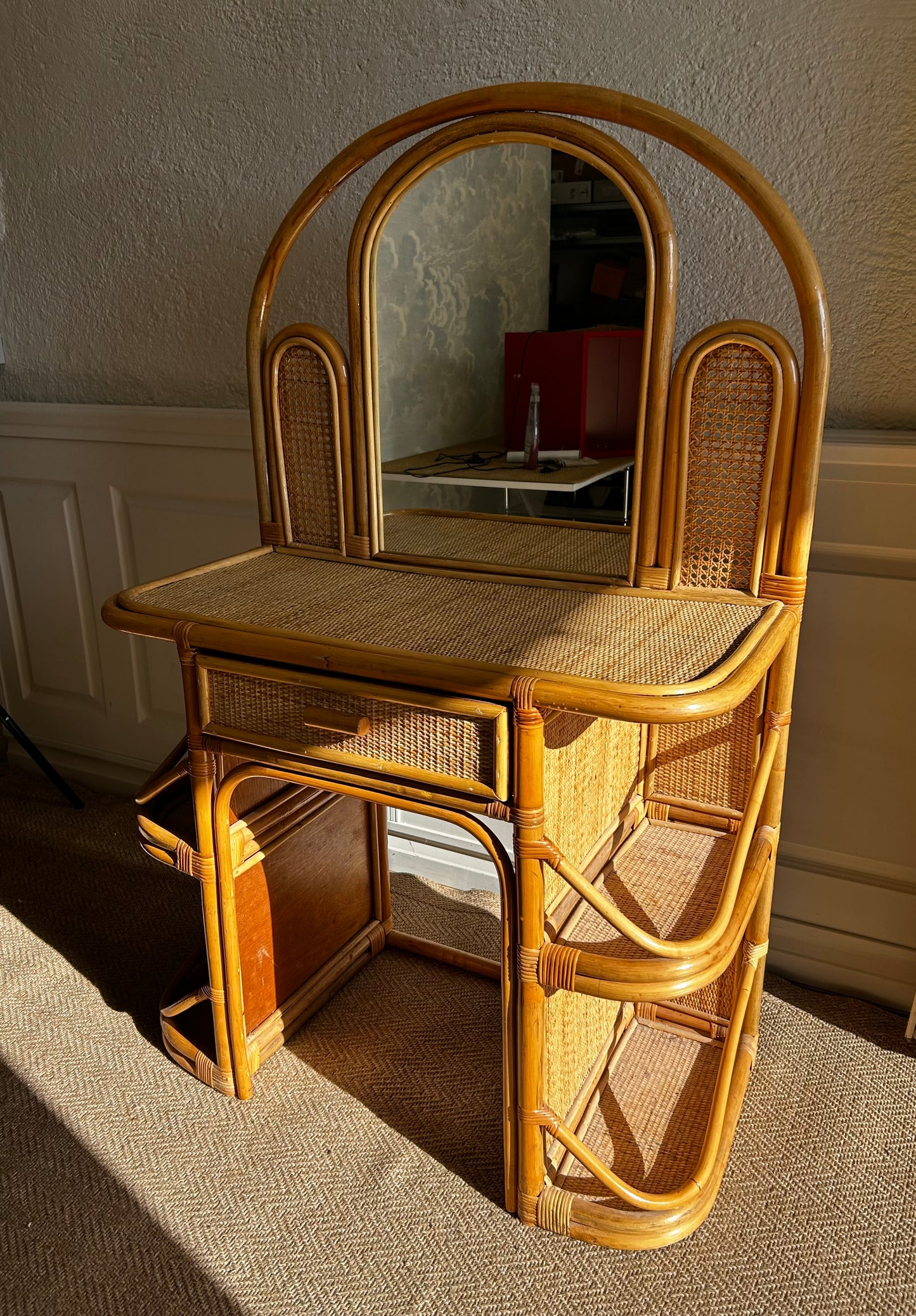 Bamboo and Rattan Vanity / Dressing Table with Drawer and Mirror, 1970's Mid-century Modern