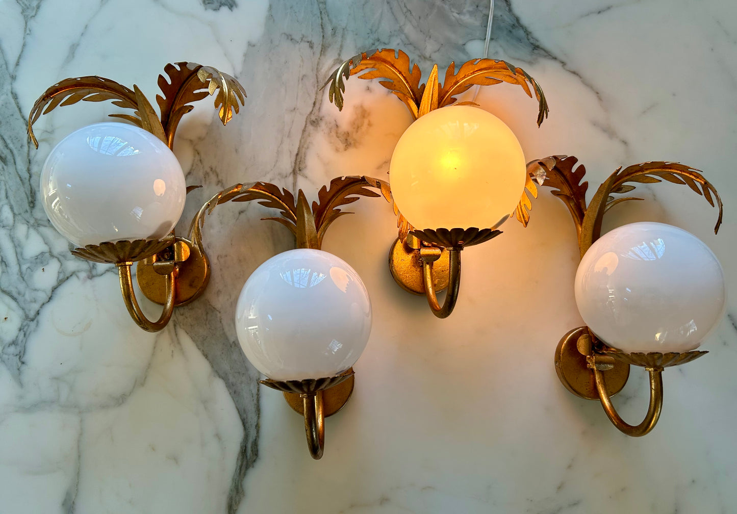 Pair of Hollywood Regency Palm Leaf Sconces with Opaque Globes by Hans Kögl, Germany, 1970s