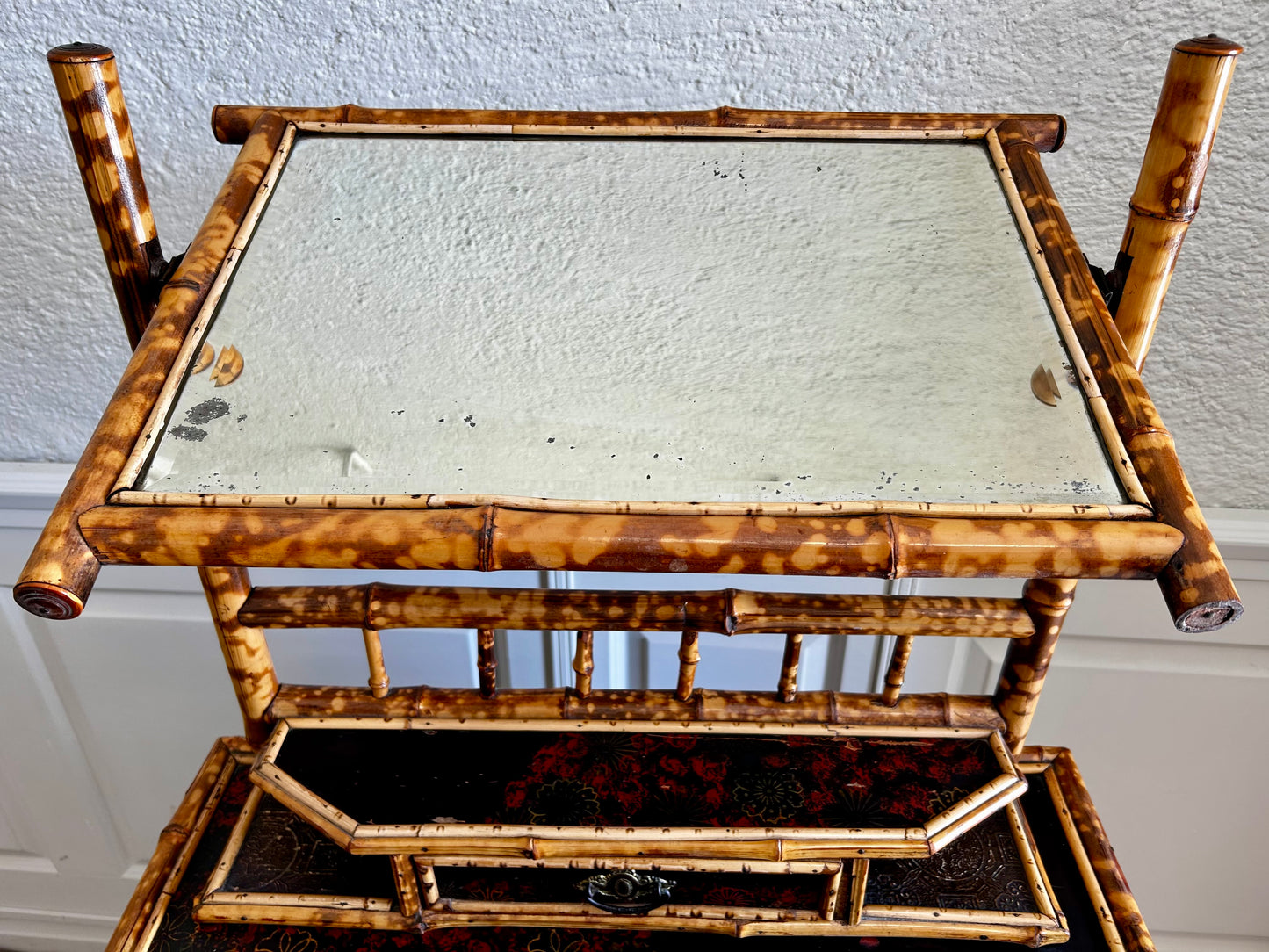Victorian Tiger Bamboo, Cane & Chinoiserie Dressing Table With Drawers, England 1880's, Aesthetic Movement