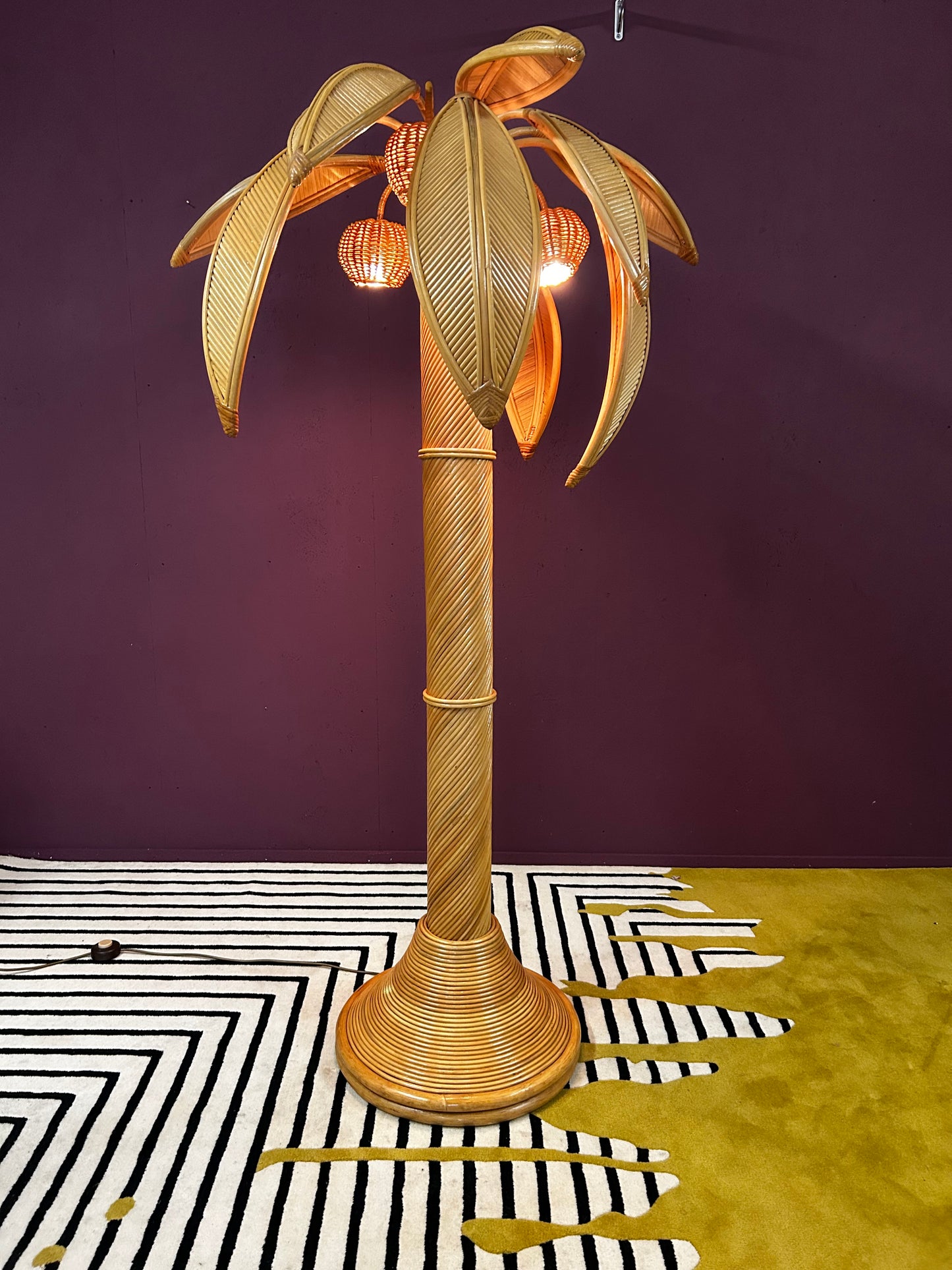Very Large Bamboo and Rattan Palm Tree Floor Lamp, Mid-Century Modern
