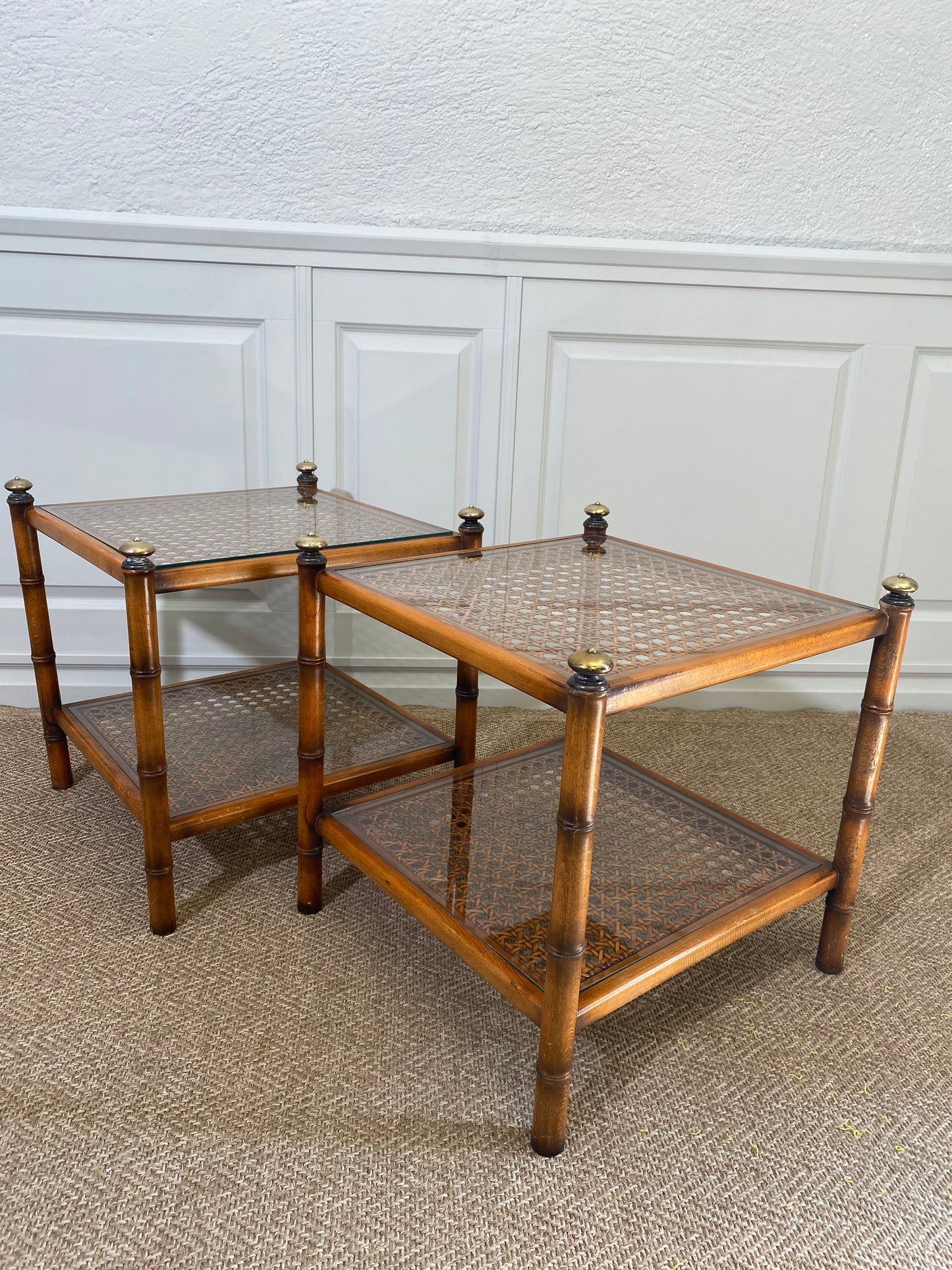 Faux Bamboo Side Table with Viennese Braiding and Glass Tops, Austria, 1960s