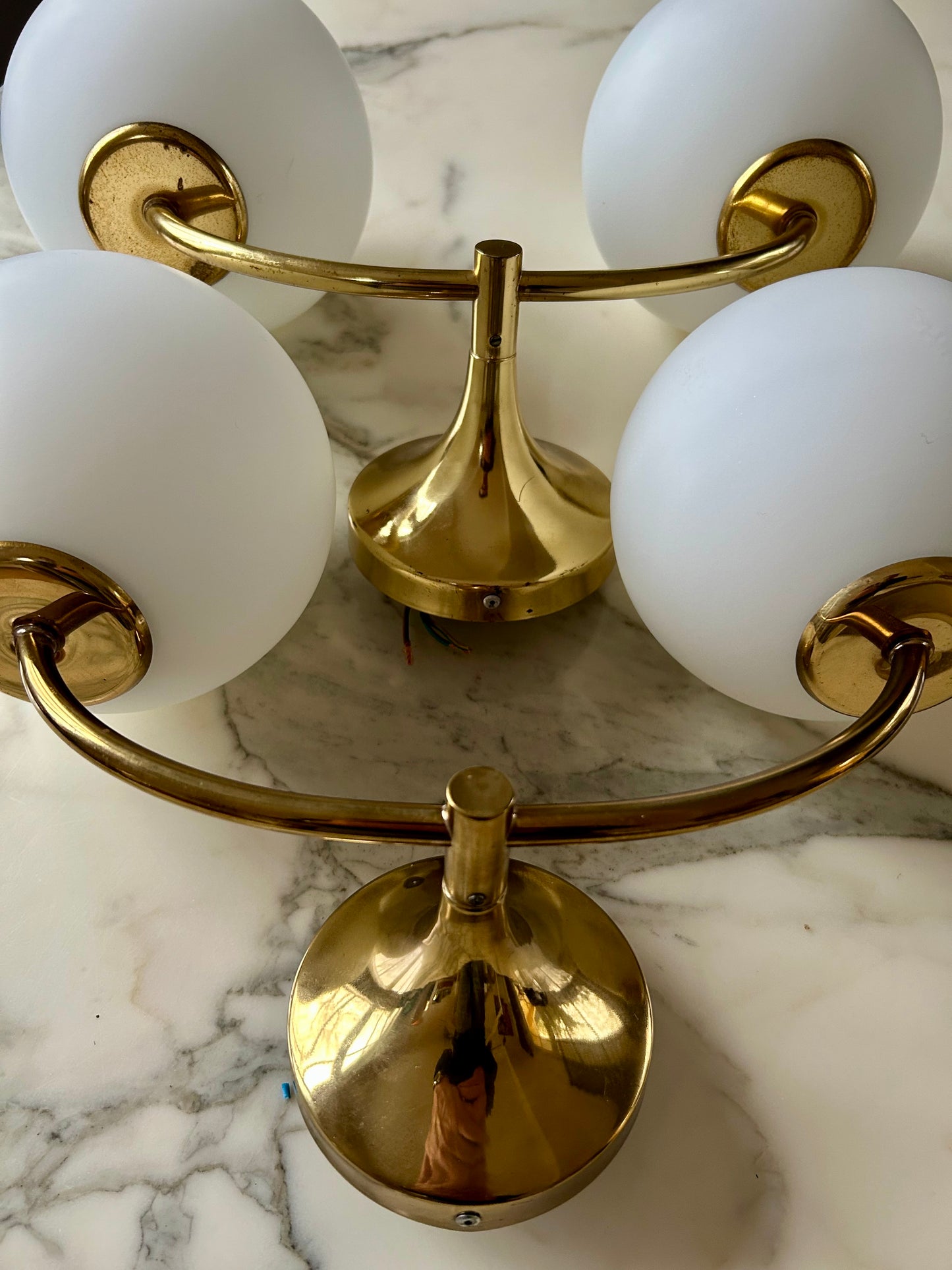 Pair of Wall Lights by Temde, Glass Globes on Brass Frame, Model 1804, Switzerland 1960's