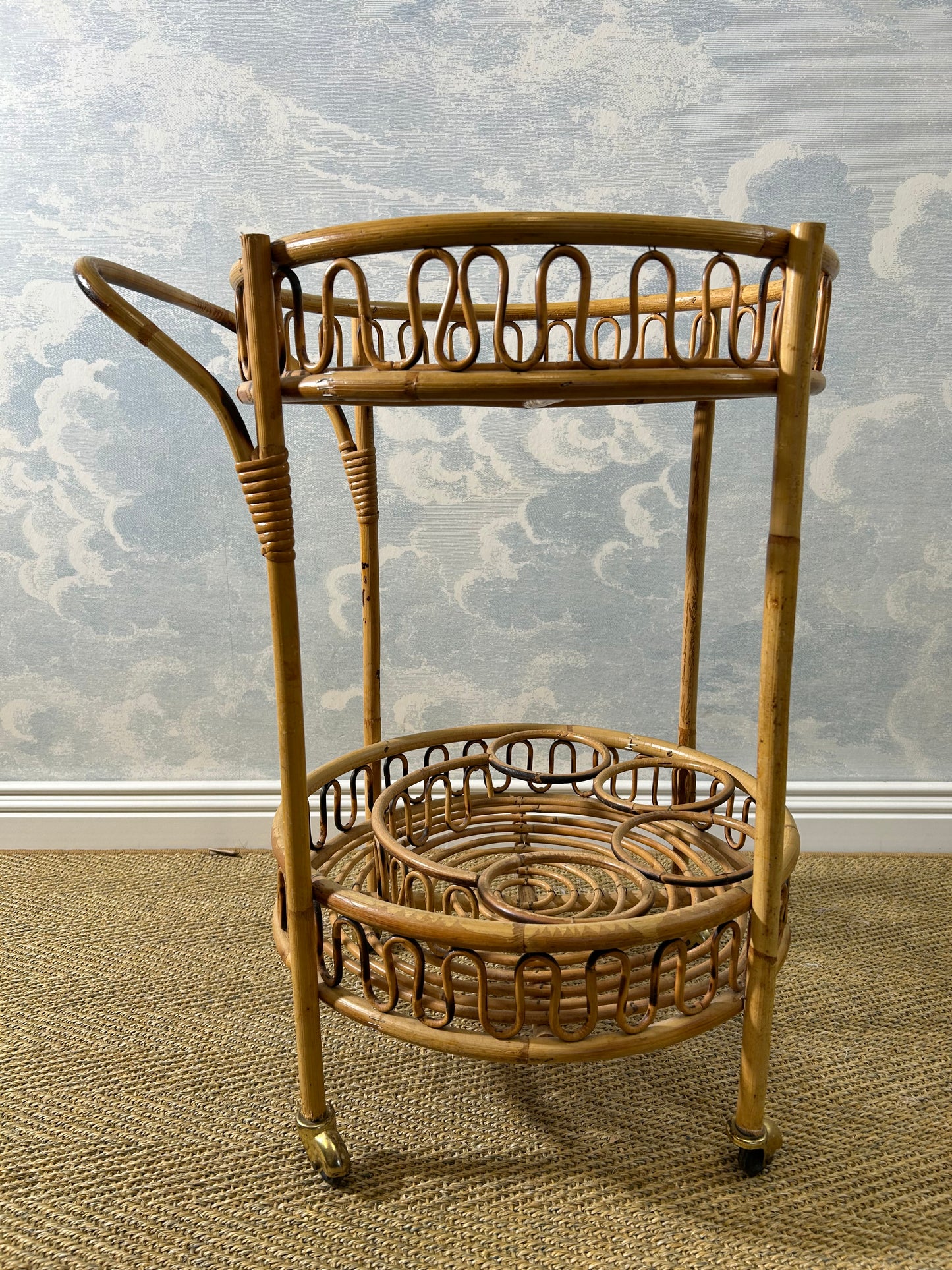Round Bamboo Bar Cart in the Style of Franco Albini, Vintage 60s French Riviera