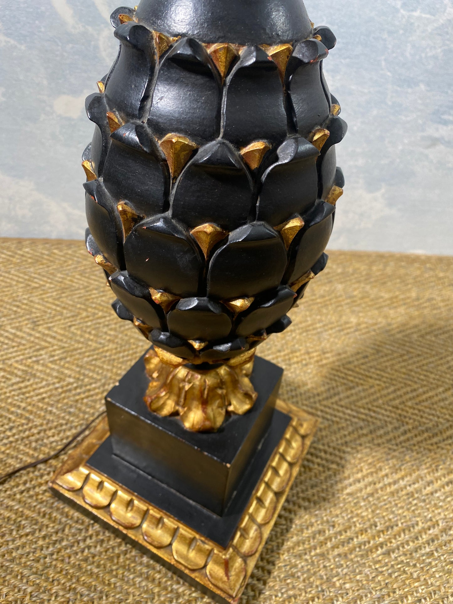 Large Carved Wood Pineapple Table Lamp in Black and Gold, France, early 20th Century