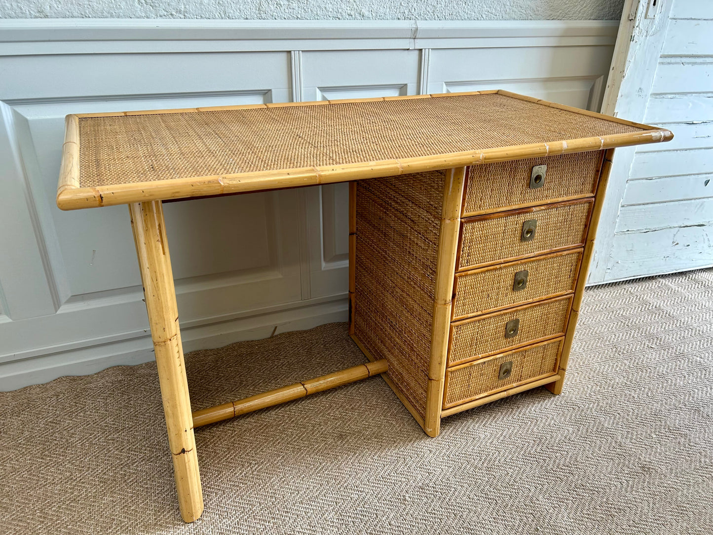 Bamboo & Rattan Wicker Desk with 5 Drawers by Dal Vera, Italy, 1970's