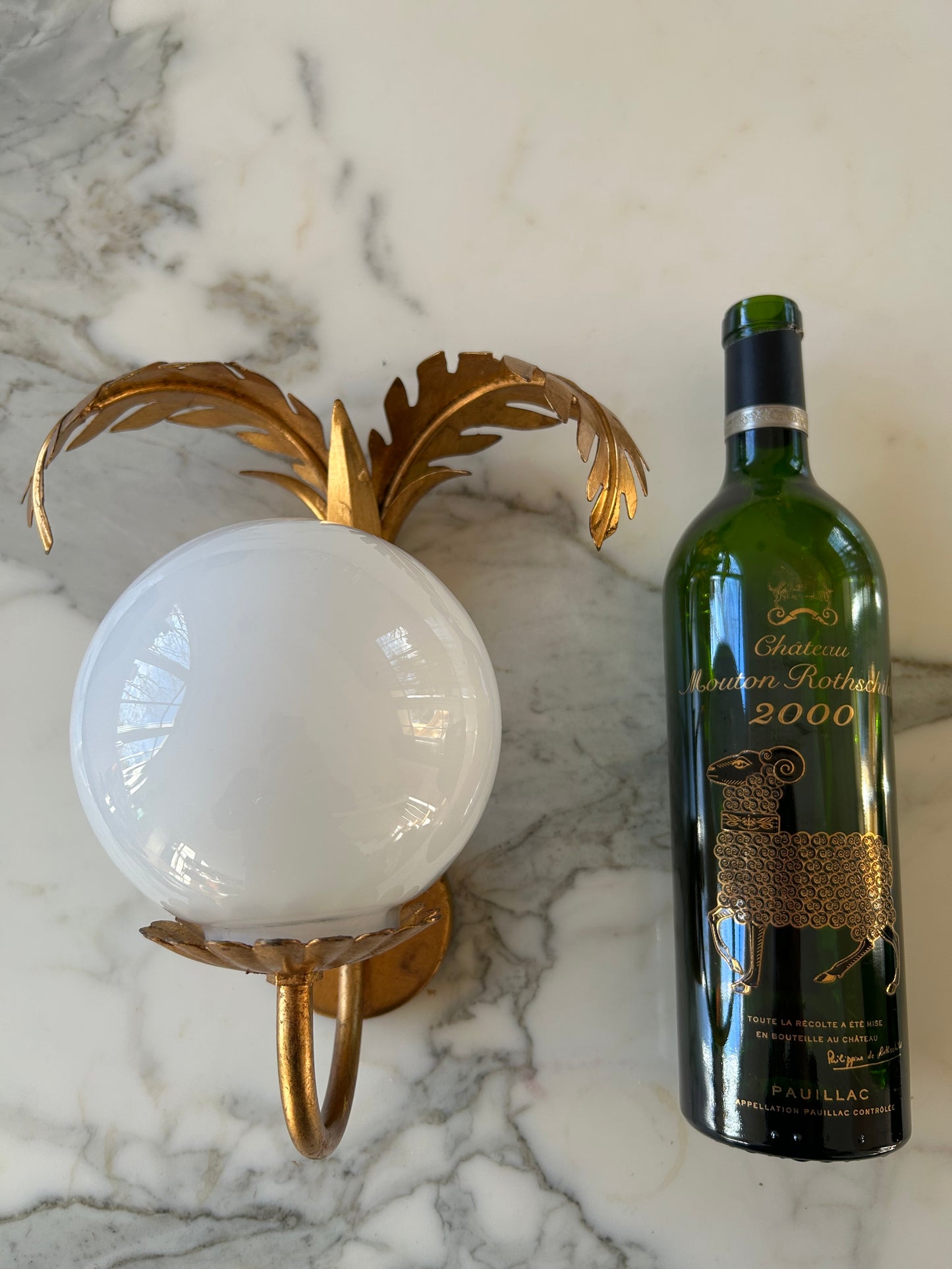 Pair of Hollywood Regency Palm Leaf Sconces with Opaque Globes by Hans Kögl, Germany, 1970s