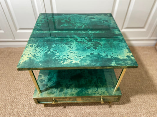 Aldo Tura Side Table in Aqua Green with Brass Legs and Bottom Drawer