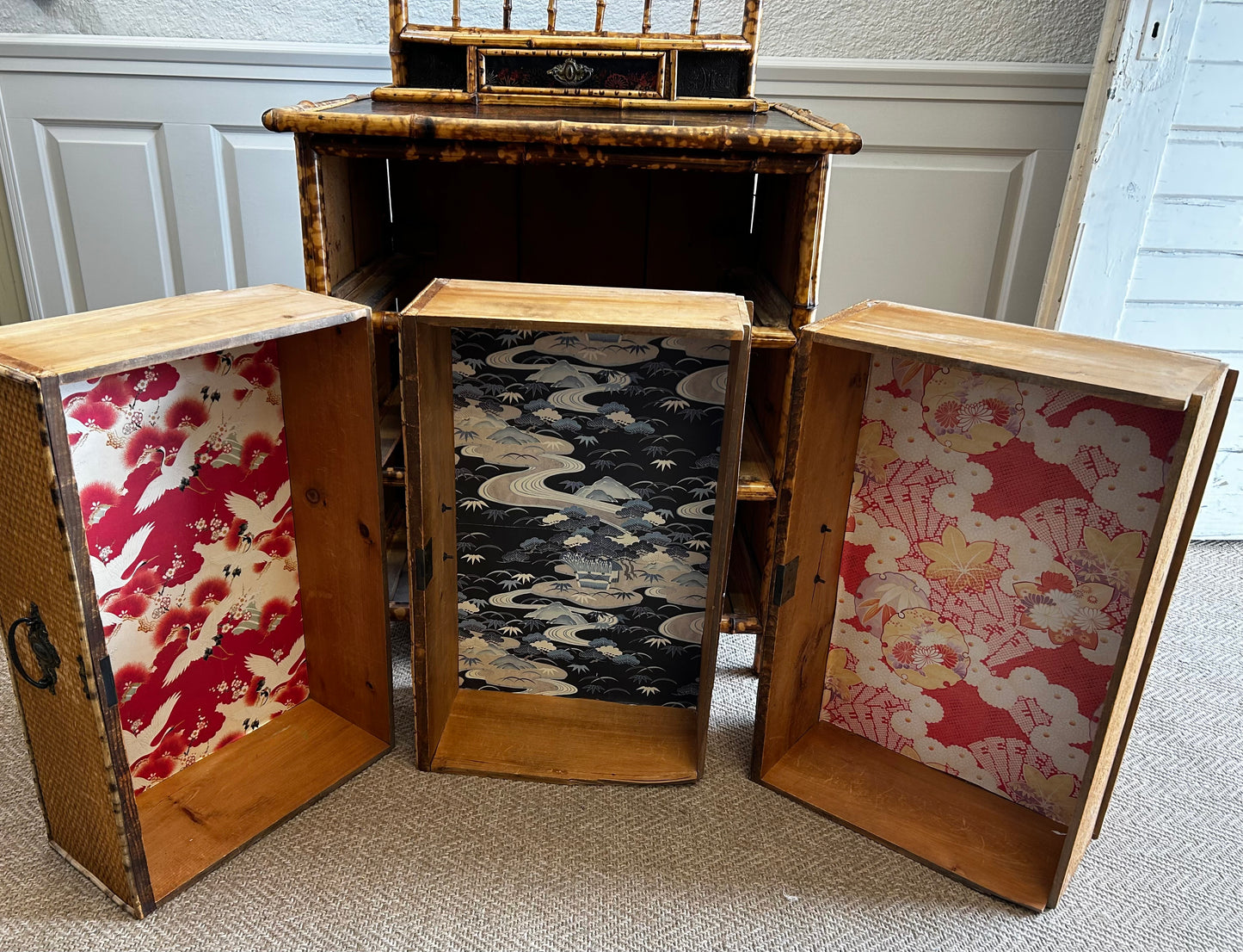 Victorian Tiger Bamboo, Cane & Chinoiserie Dressing Table With Drawers, England 1880's, Aesthetic Movement