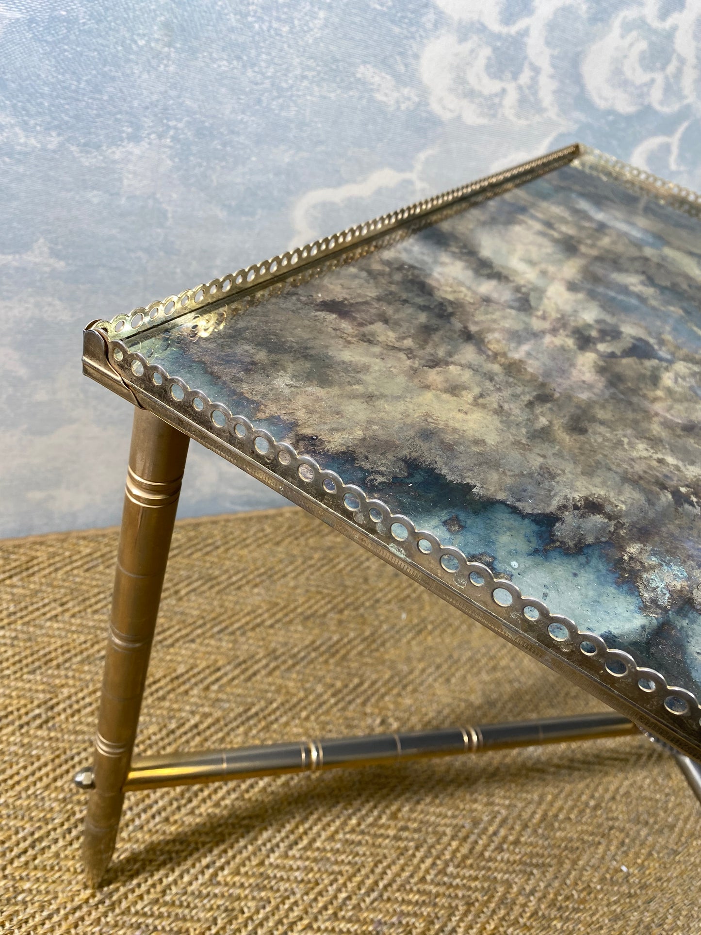 Side Table With Mirrored Oxidized Metal Top on a Brass Frame, France, 1960s