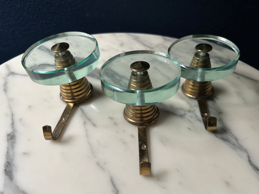 Set of 3 Fontana Arte Coat Hooks (Round) 1950s, Mid-Century Brass & Crystal