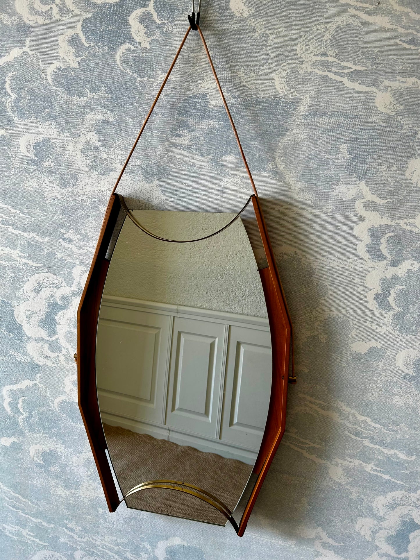 Wall Mirror with Brass Detail and Leather Mounting, Vetreria Andreini, Ravenna, Italy, 1950's