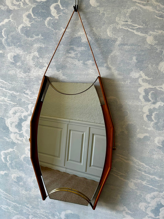 Wall Mirror with Brass Detail and Leather Mounting, Vetreria Andreini, Ravenna, Italy, 1950's