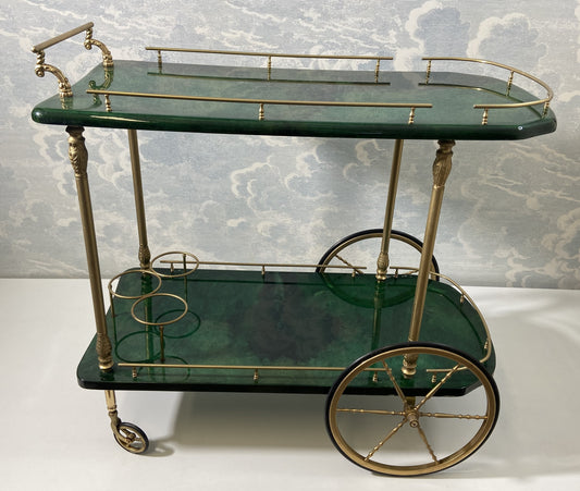 Dark Green Aldo Tura Bar Cart / Serving Trolley, Italy, 1960's