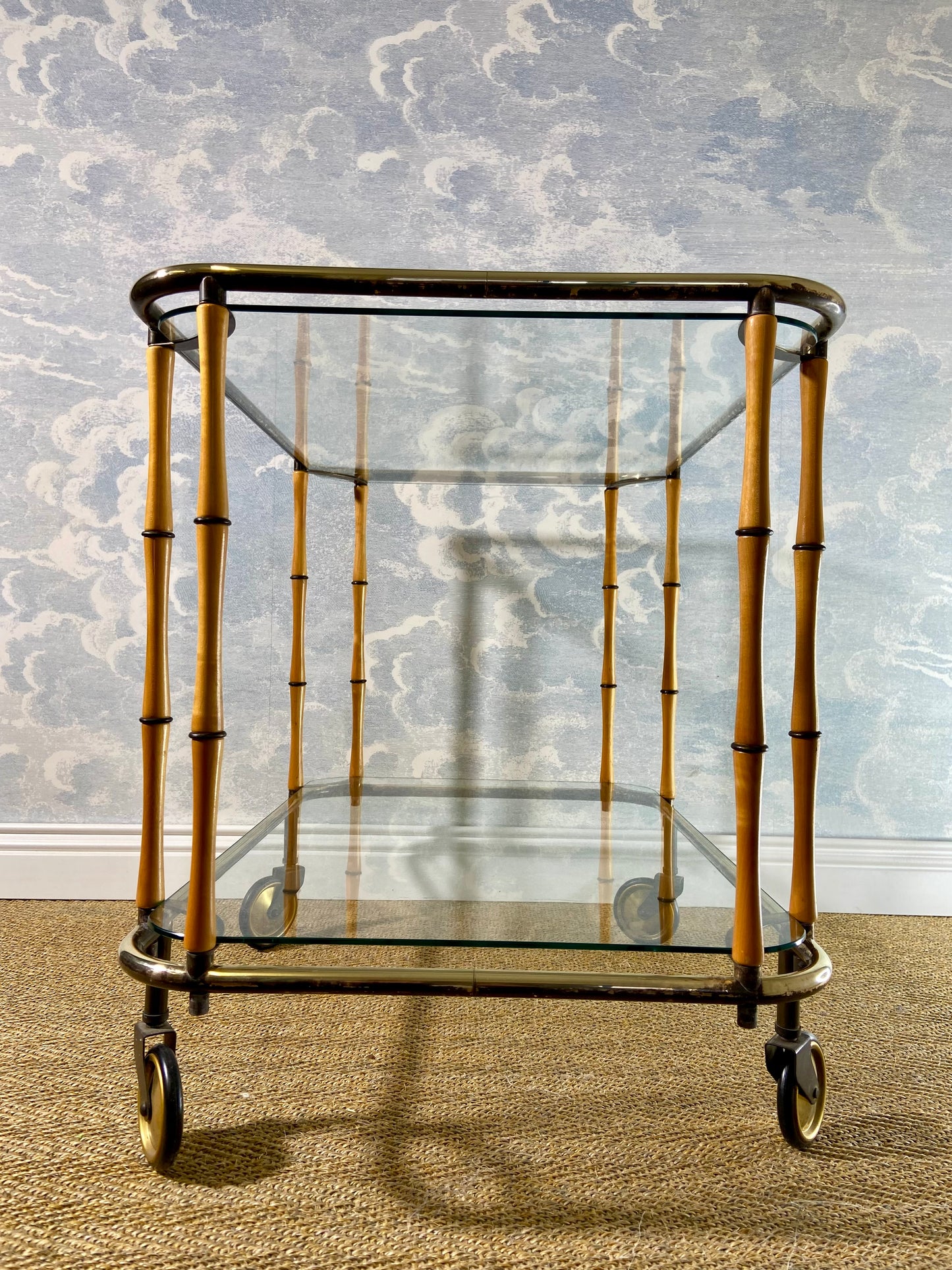 Bamboo Cocktail Trolley Bar Cart Attr. Maison Jansen, Vintage 60s Boho Midcentury Dry Bar