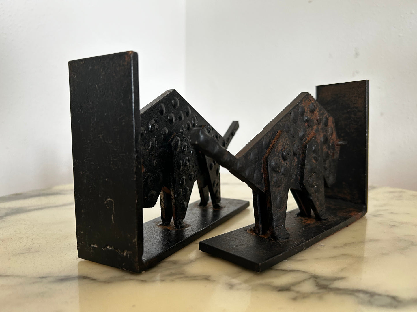 Pair of Brutalist Buffalo / Bison Bookends, Black Metal, Mid-Century