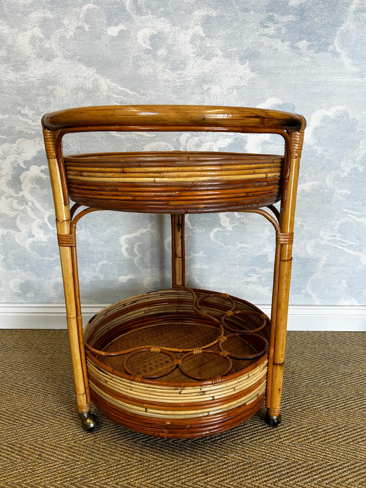 2-Tiered Round Bamboo Bar Cart in the Style of Vivai del Sud, Italy, 1960's