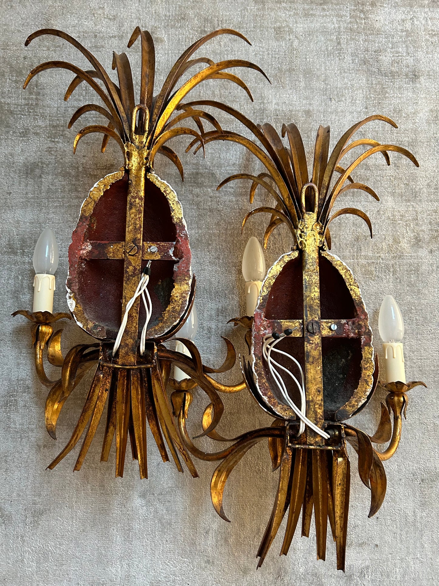 Pair of Pineapple Sconces, in the style of Maison Charles / Jansen, 1960s, Hollywood Regency
