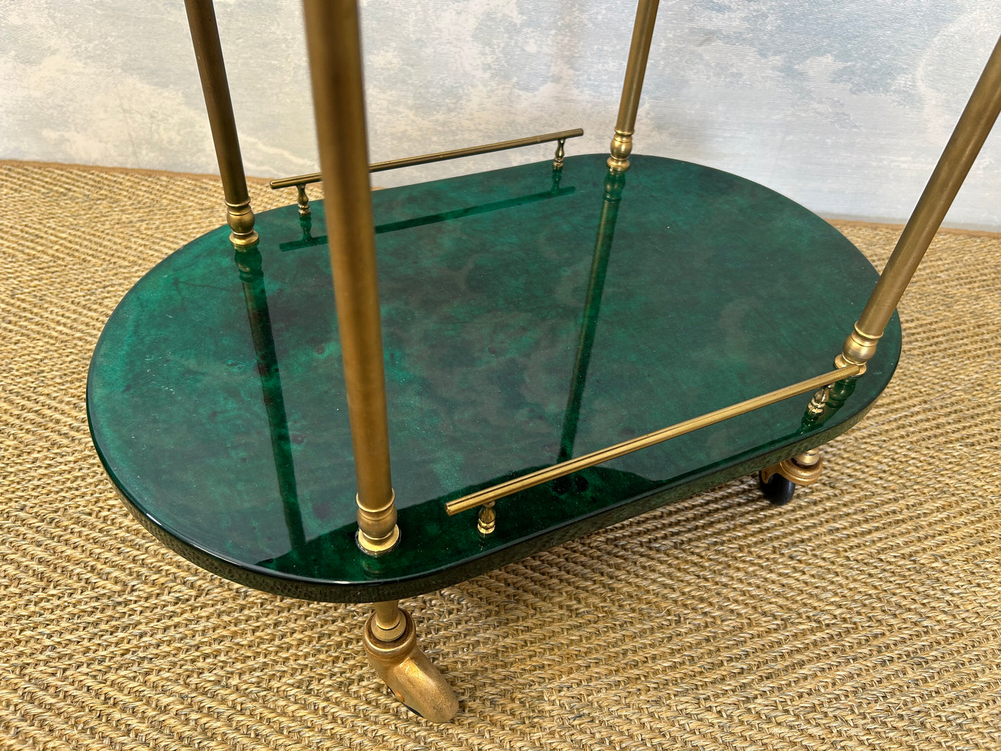 Petit Aldo Tura Bar Cart / Tea Trolley in Dark Green, Italy, 1960s, Hollywood Regency